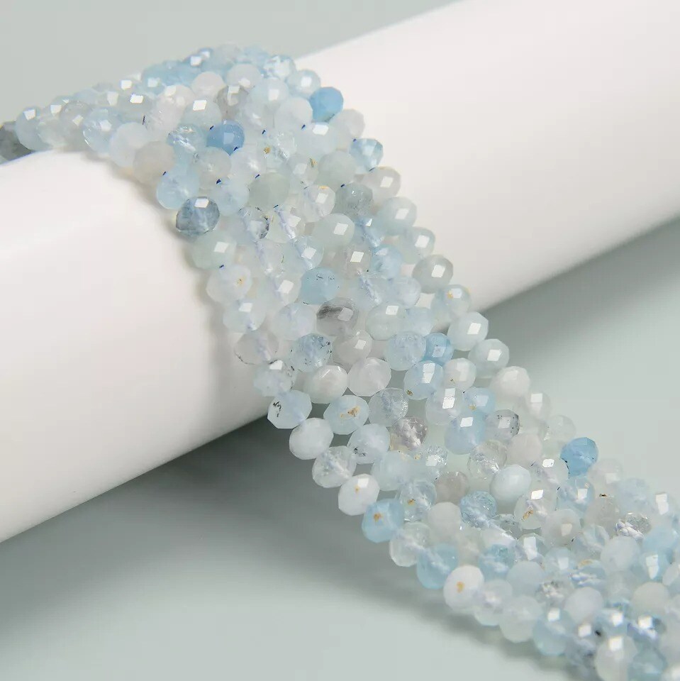 Natural Aquamarine Faceted Rondelle Beads Size 3.5x5.5mm 15.5&#x27;&#x27; Strand