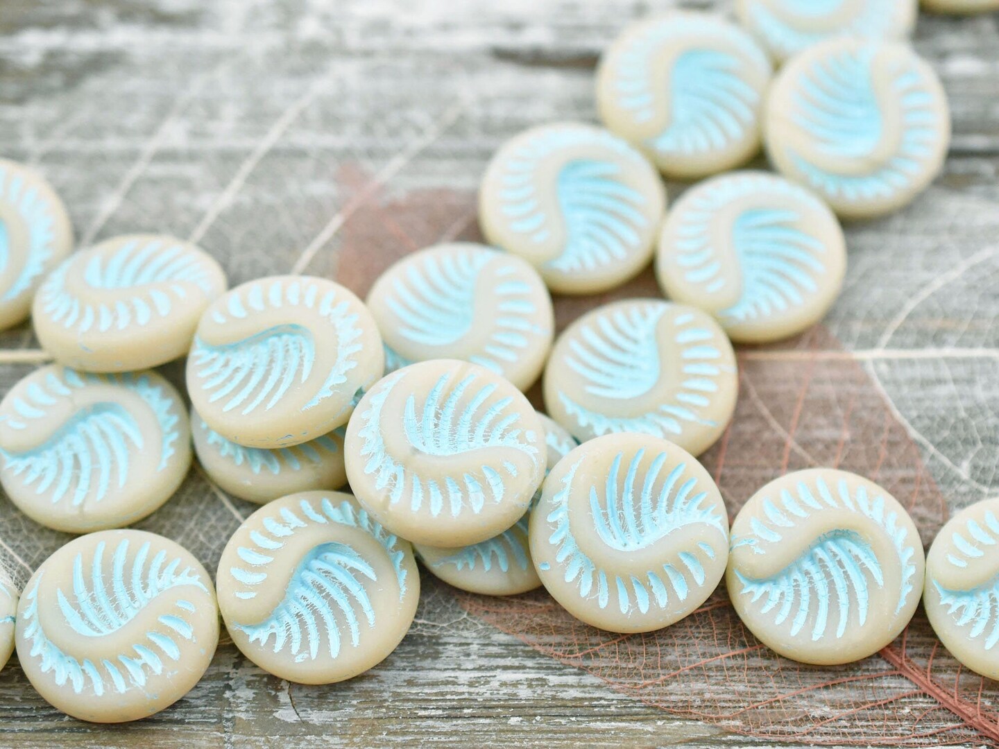 *6* 19mm Turquoise Washed Matte Eggshell Opal Fossil Coin Beads
