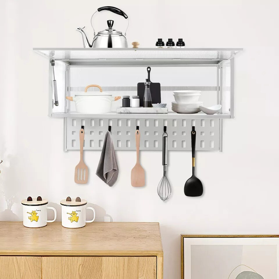 Wall Mount Storage Cabinet Kitchen Cookware Hanging Organizer Cupboard w/Hooks