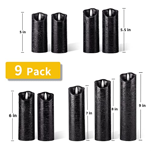 Set of 9 Black Regular Textured Flameless Candles Battery Operated LED Real Wax Flickering Electric Candles with Remote Control Timer for Wedding Birthday Halloween Christmas Decorations
