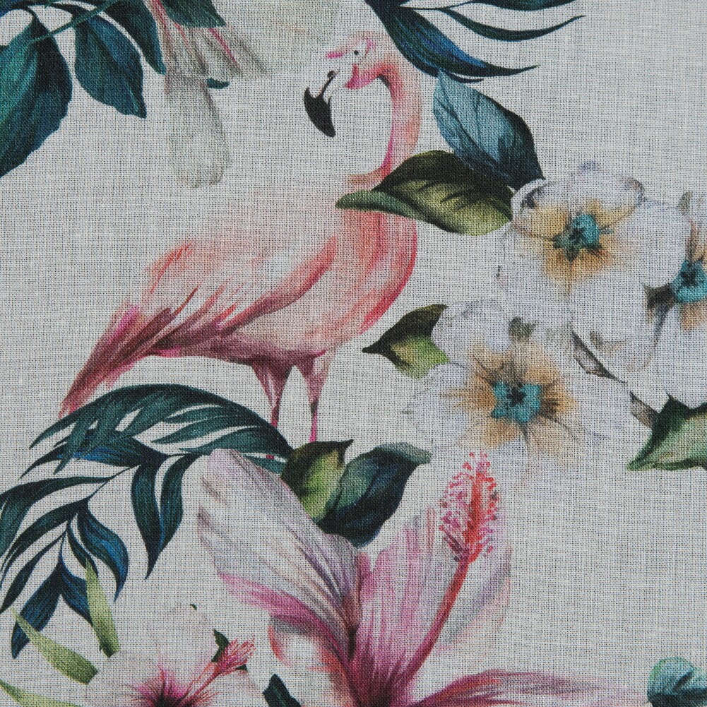 1 Yard White Flamingos and Leaves Cotton Voile Balance of Unity Print Semi Sheer Fabric