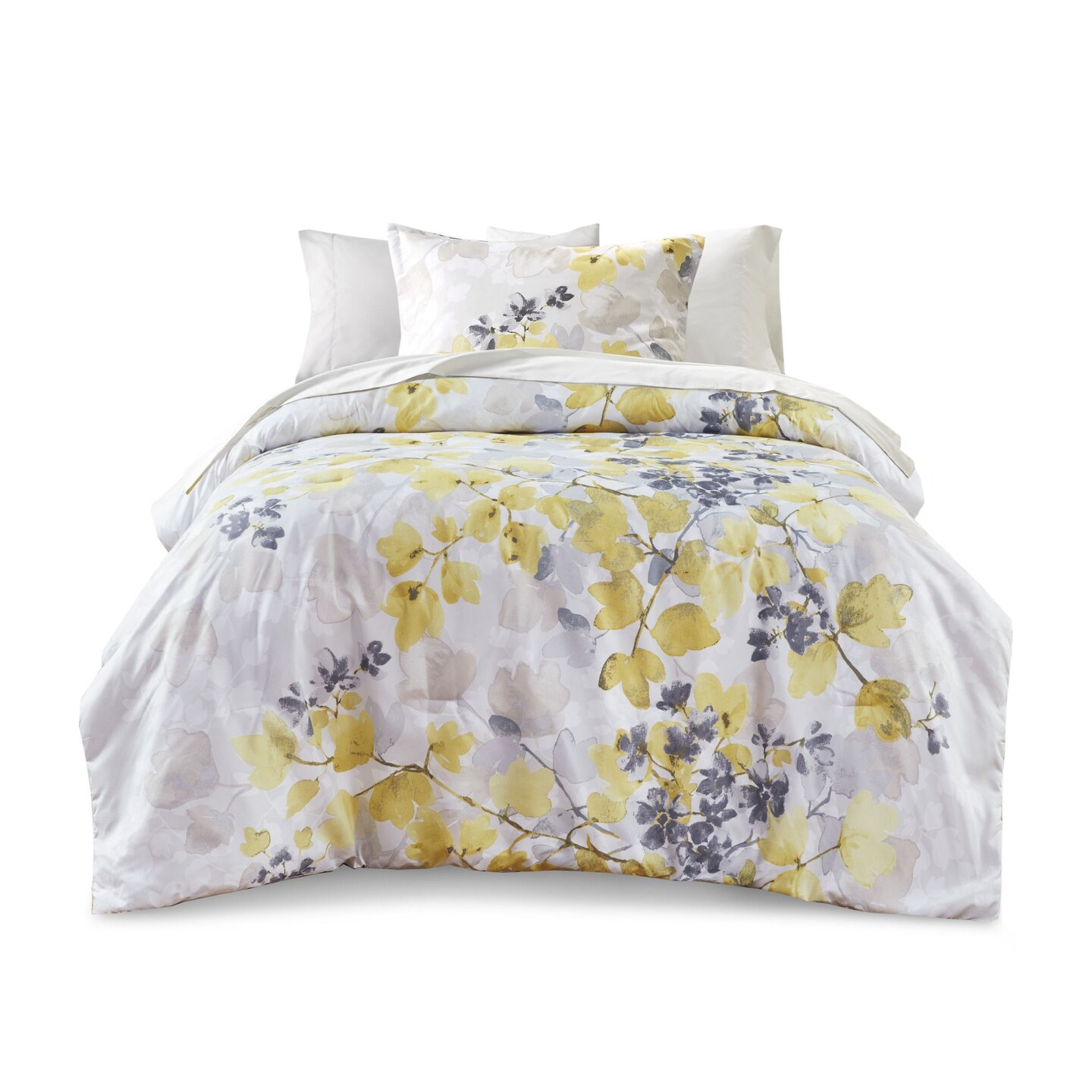 Modern Botanical Twin Comforter Set with Bed Sheets Yellow and Gray
