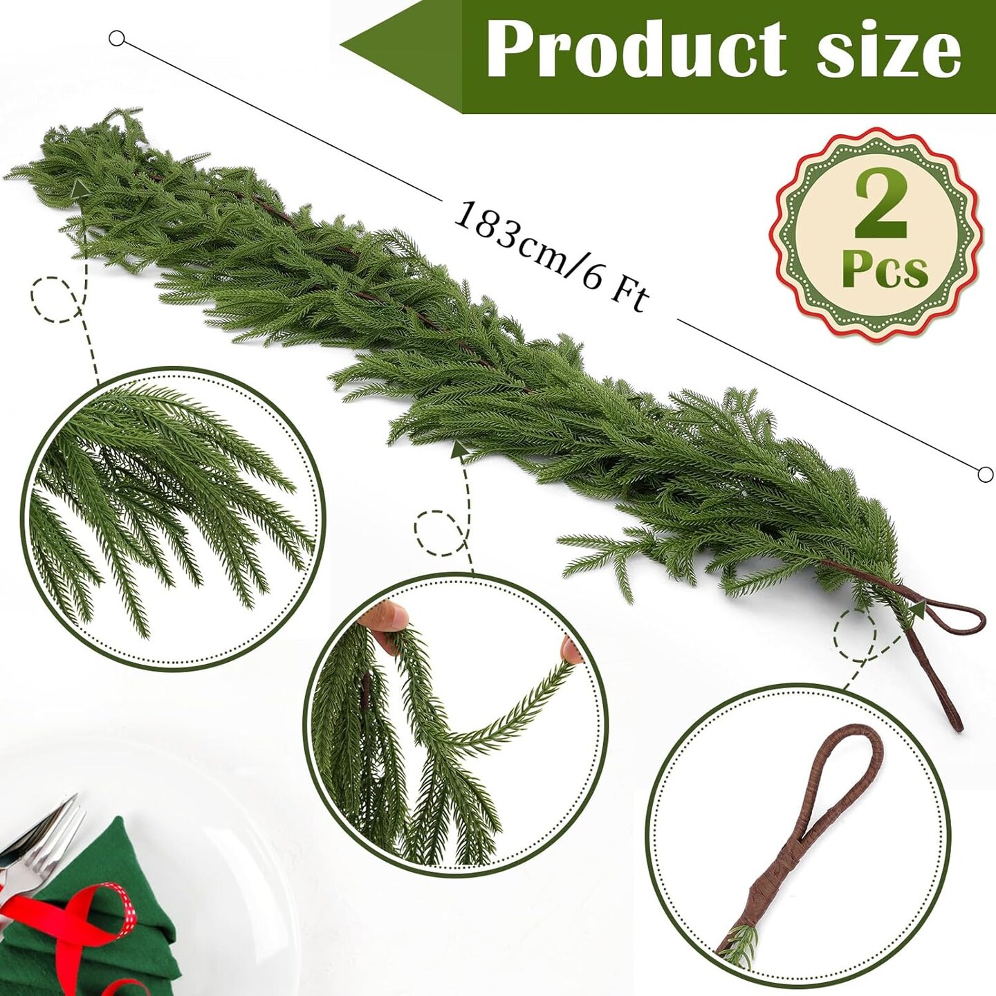 2 Pcs Artificial Norfolk Pine Garlands, Real Touch Winter Pine Garland, Green Artificial Greenery Garland for Table, Mantle, Wall, Indoor, Outdoor Christmas Decorations (2, 6 FT)