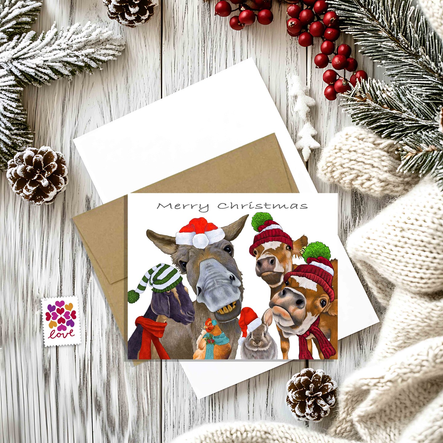 Handmade Christmas Card - Festive Donkeys