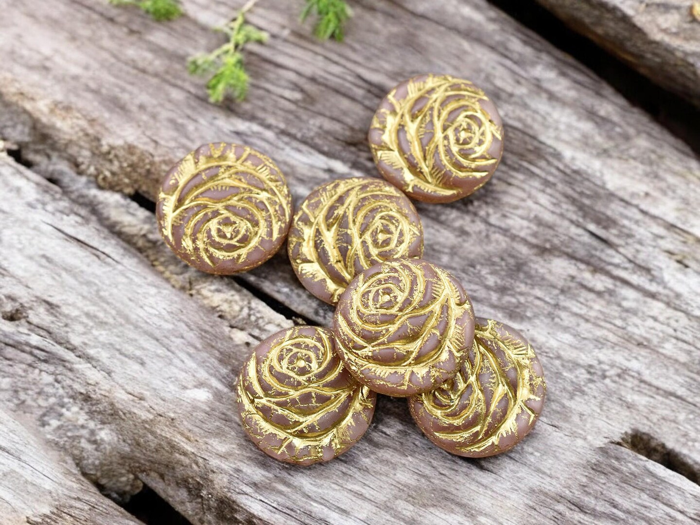 *6* 18mm Bronze Washed Vintage Pink Silk Rose Flower Coin Beads