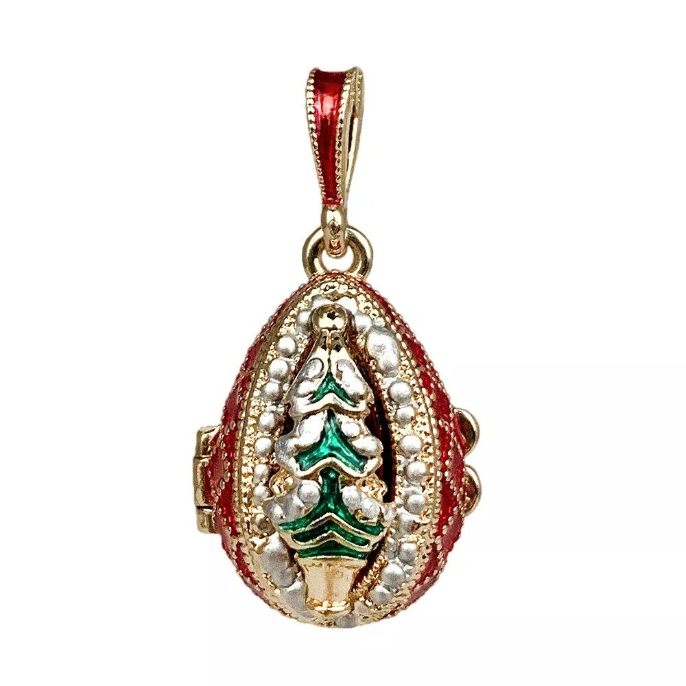 CHRISTMAS TREE Faberge Egg Style Locket Pendant, Red, Enameled