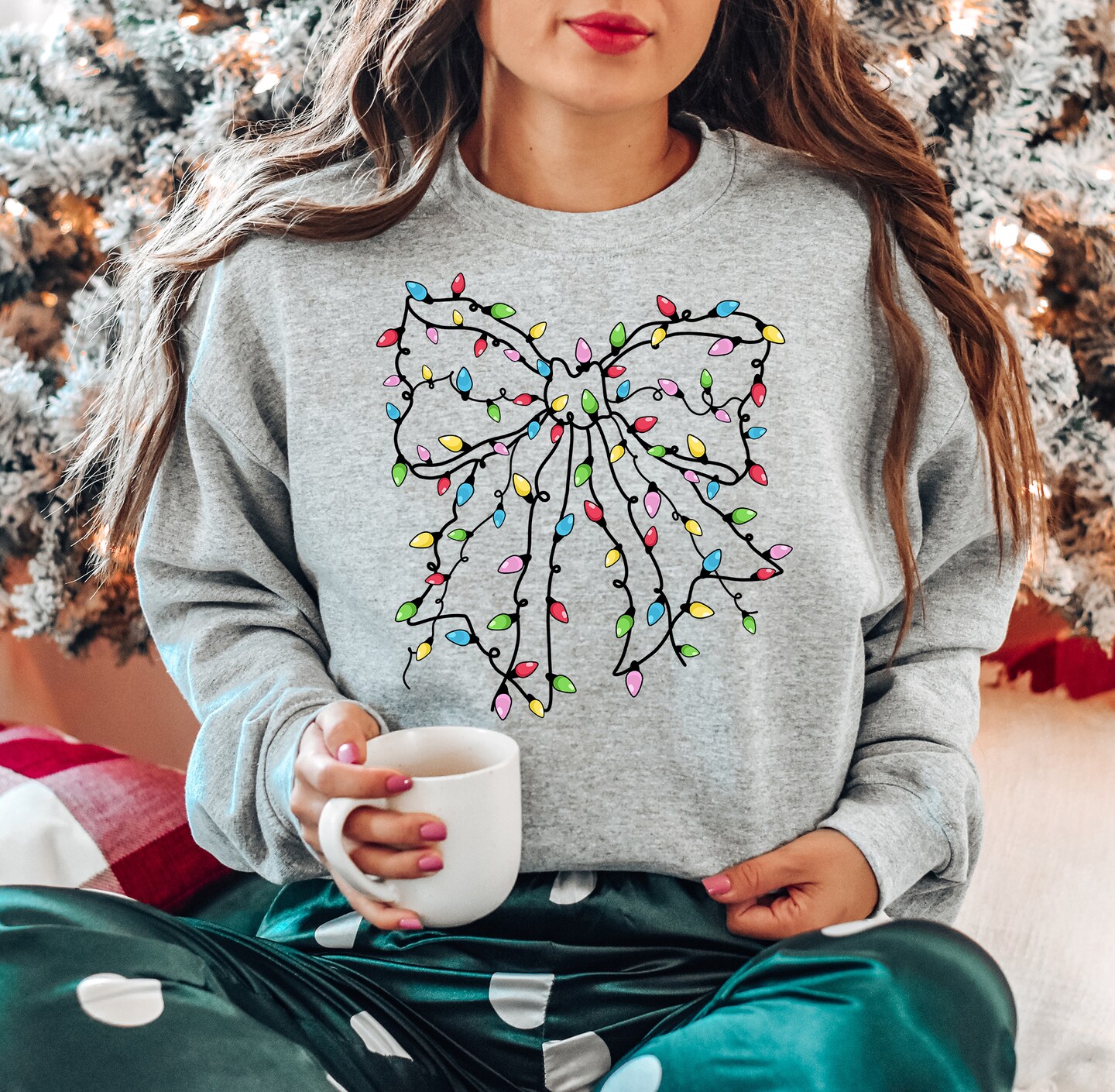 Christmas Lights Bow Sweatshirt, Christmas Sweatshirt, Cute Christmas Coquette Shirt, Fun Christmas Shirt, Holiday Sweater product 7