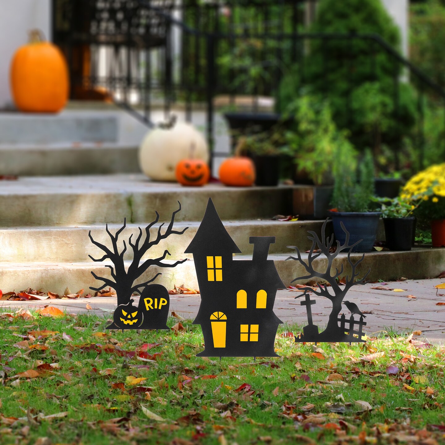 24&#x22;H Set of 3 Halloween Metal Silhouette Haunted House and Ghost Tree Yard Stake or Hanging Decor (KD, Two function)