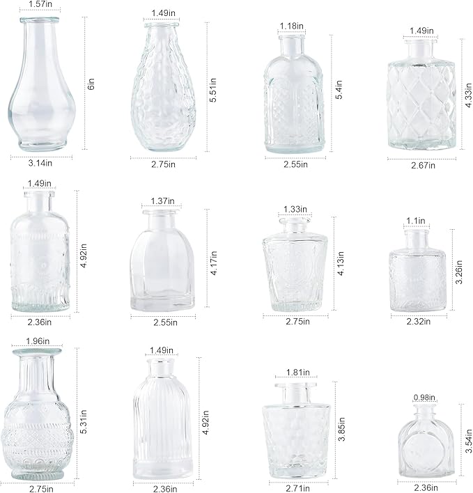 Glass Bud Vases Set of 12 &#x2013; Mini Vintage Clear Vases for Wedding Centerpieces and Home Decor