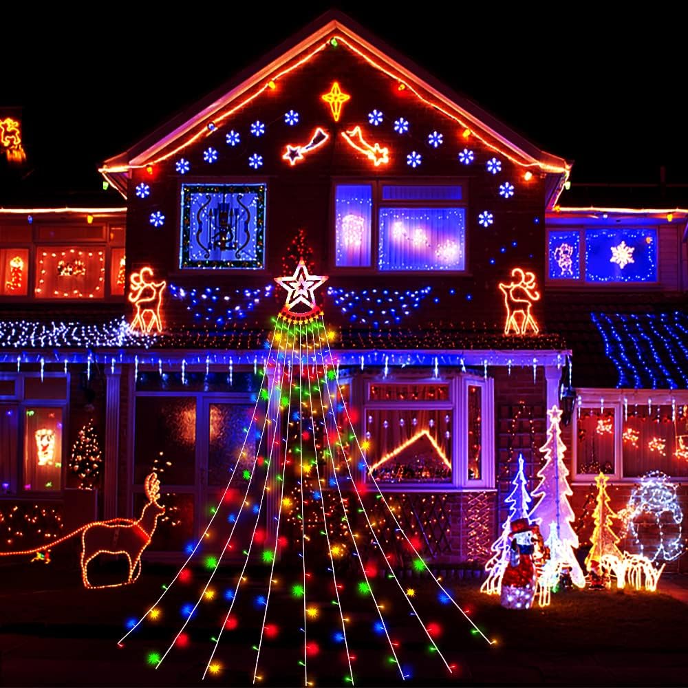 Outdoor Christmas Decorations, Aokudoni 12.6ft 350LED Waterfall Lights, 8 Modes Christmas Lights, Christmas Decorations for Tree, Outdoor Christmas Lights for House Tree Holiday Party, Multicolor