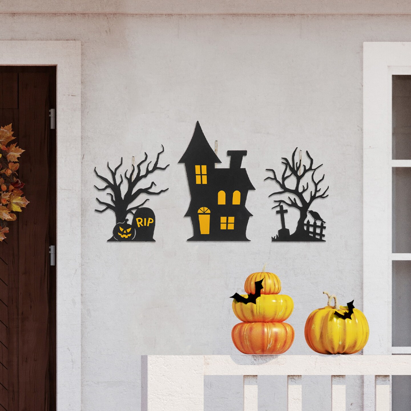 24&#x22;H Set of 3 Halloween Metal Silhouette Haunted House and Ghost Tree Yard Stake or Hanging Decor (KD, Two function)