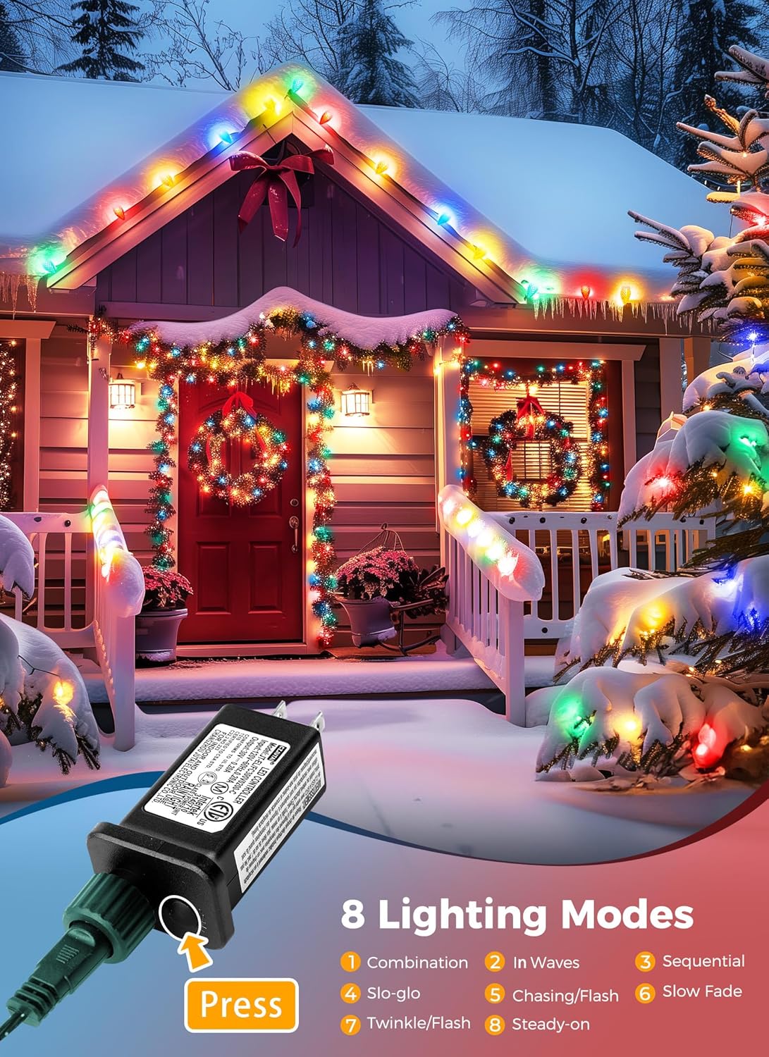 C9 Christmas Lights Outdoor, 114 Feet 150 LED C9 String Lights with Timer & 8 Light Modes, Waterproof Commercial Grade Connectable Christmas Tree Lights for Indoor Outside Roofline Patio, Multicolor