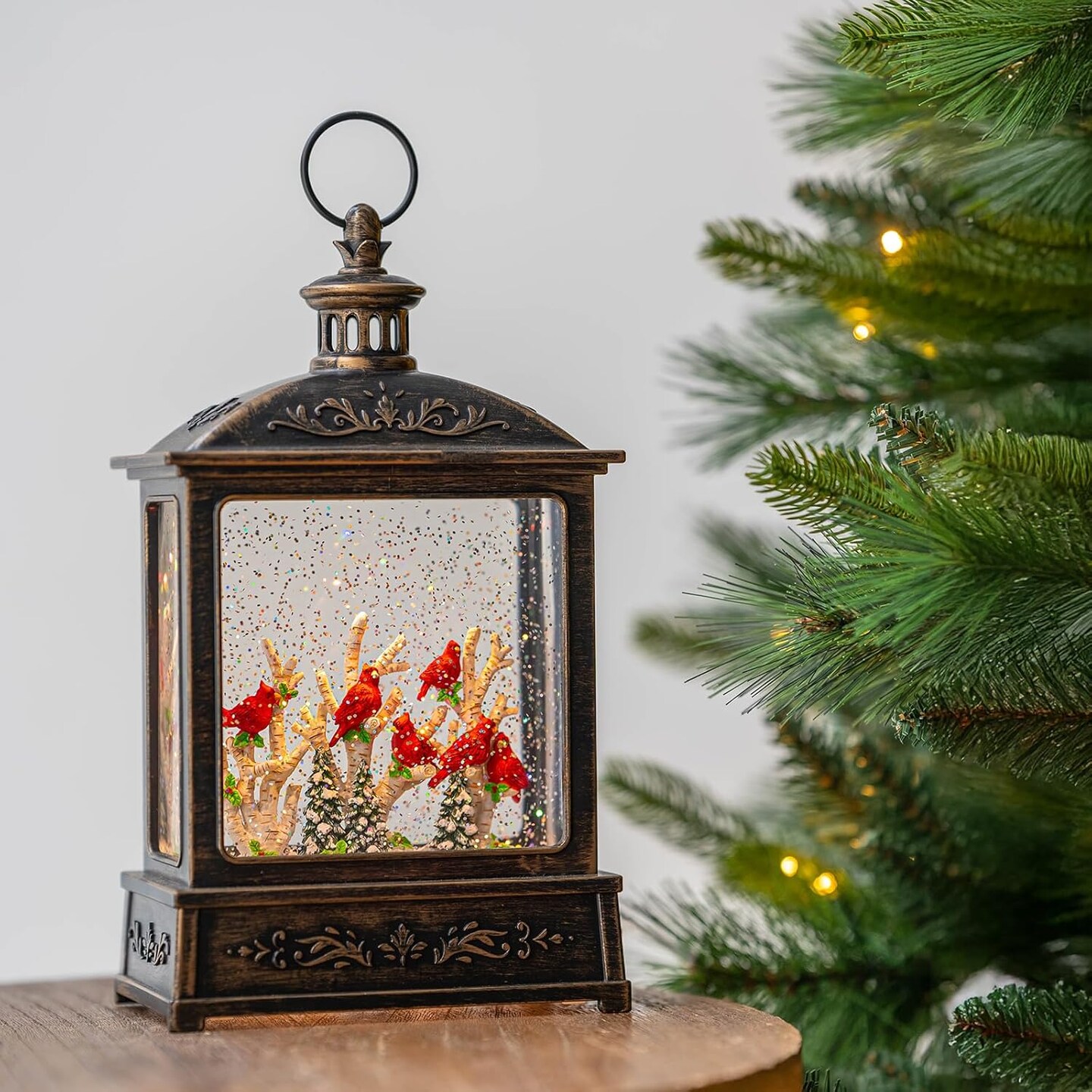 12.5'' Snow Globe Lantern Six Cardinal Perched on Branch Musical Christmas Water Lantern Swirling Glittering Home Decoration and Gift, Battery Operated or USB Powered