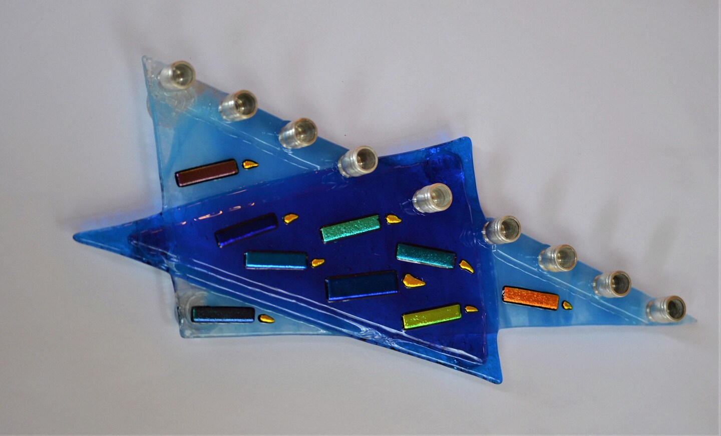 Blue Star of David glass fused menorah, kosher menorah, Jewish art wedding gift, Hanukkah gift, fun menorah by Yafitglass product 5