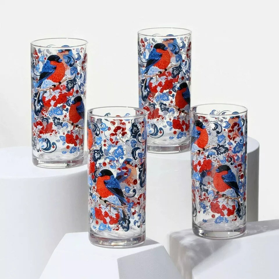 SET OF 4 BULLFINCH CHRISTMAS GLASSES Drinking Highball Tumbler Glasses. 4 x 10oz