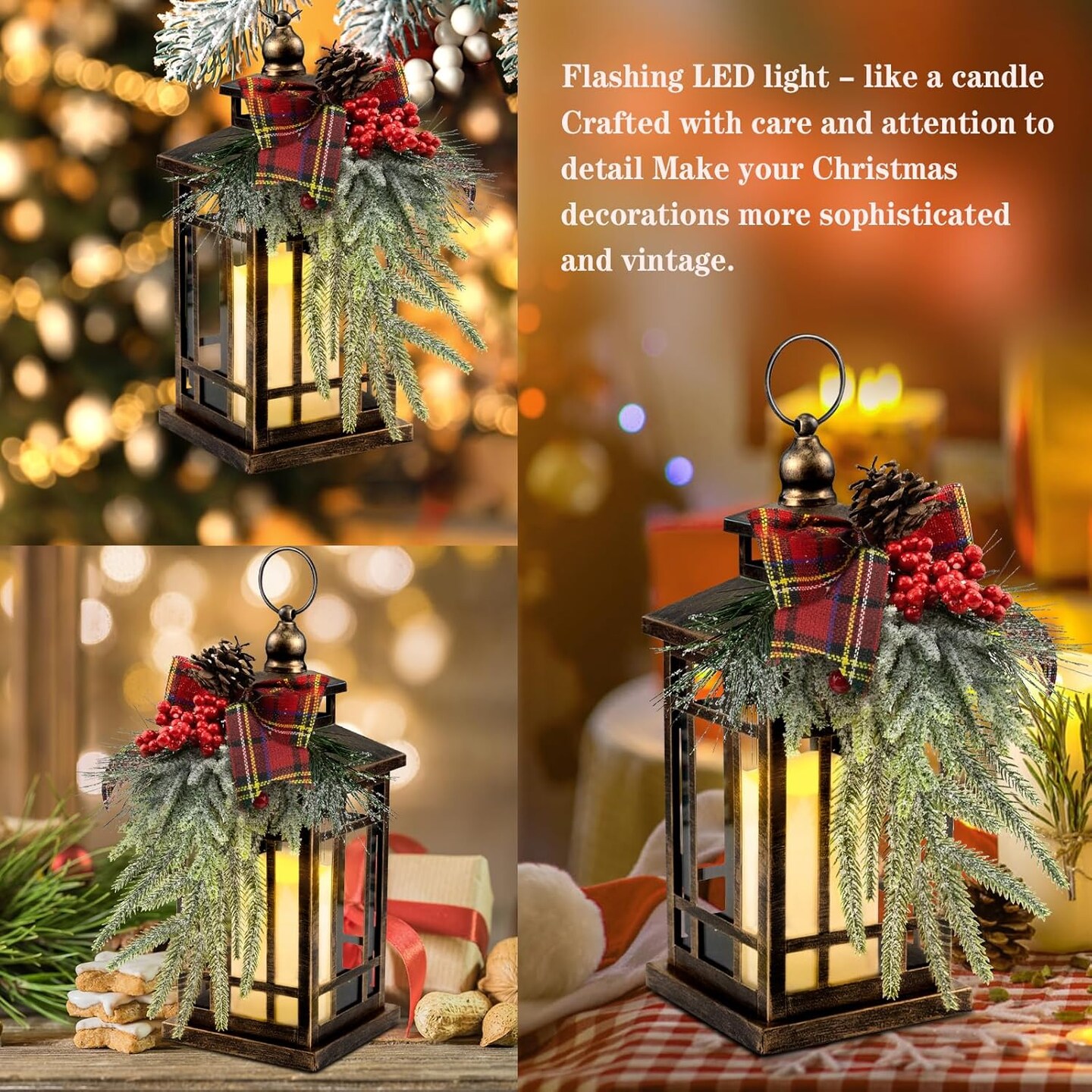 Christmas Lanterns Decorative Indoor with LED Candle Christmas Centerpieces Table Decor ,14IN Outdoor Christmas Vintage Lantern with Xmas Ornament for Home Indoor Holiday Party Decorations
