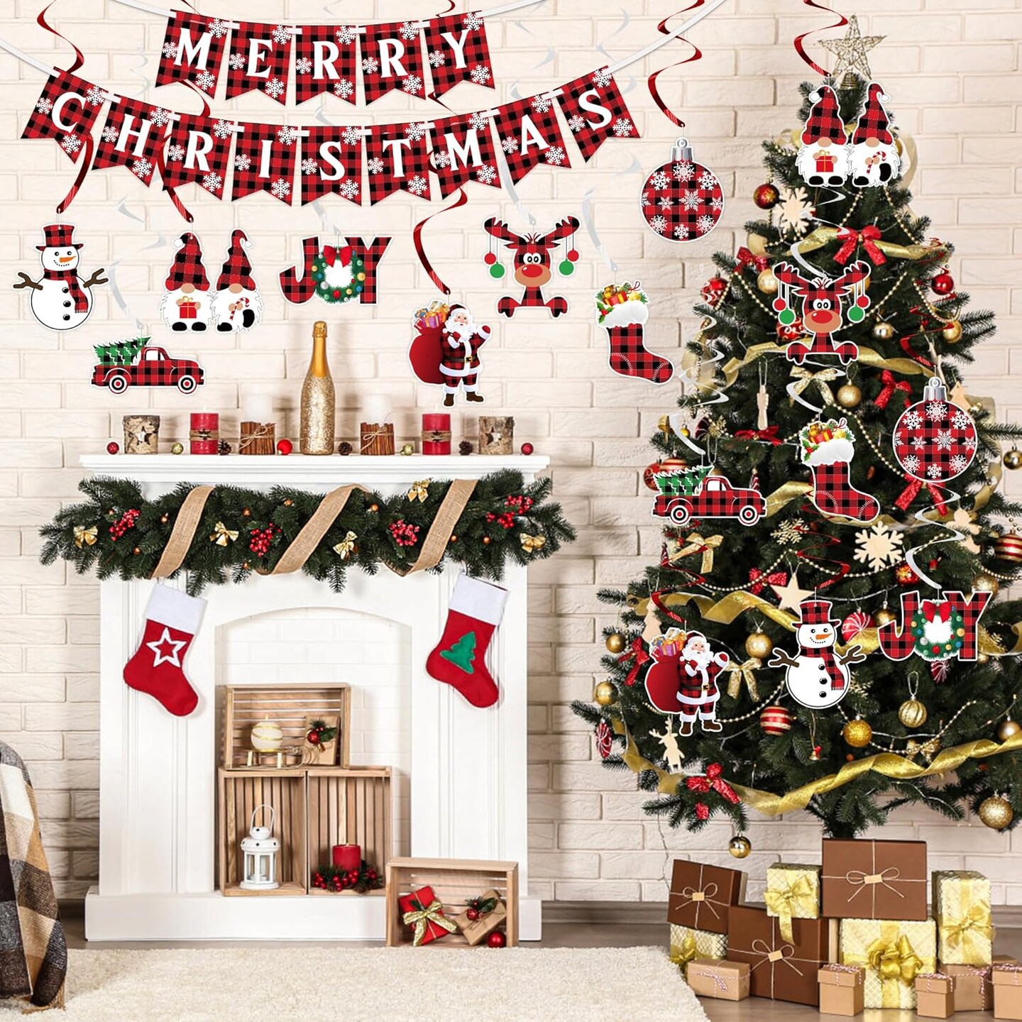 Buffalo Plaid Merry Christmas Banner Christmas Ceiling Hanging Streamers