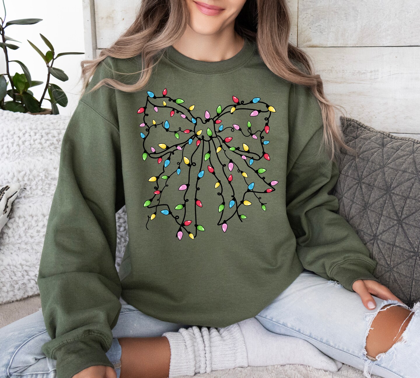 Christmas Lights Bow Sweatshirt, Christmas Sweatshirt, Cute Christmas Coquette Shirt, Fun Christmas Shirt, Holiday Sweater product 5