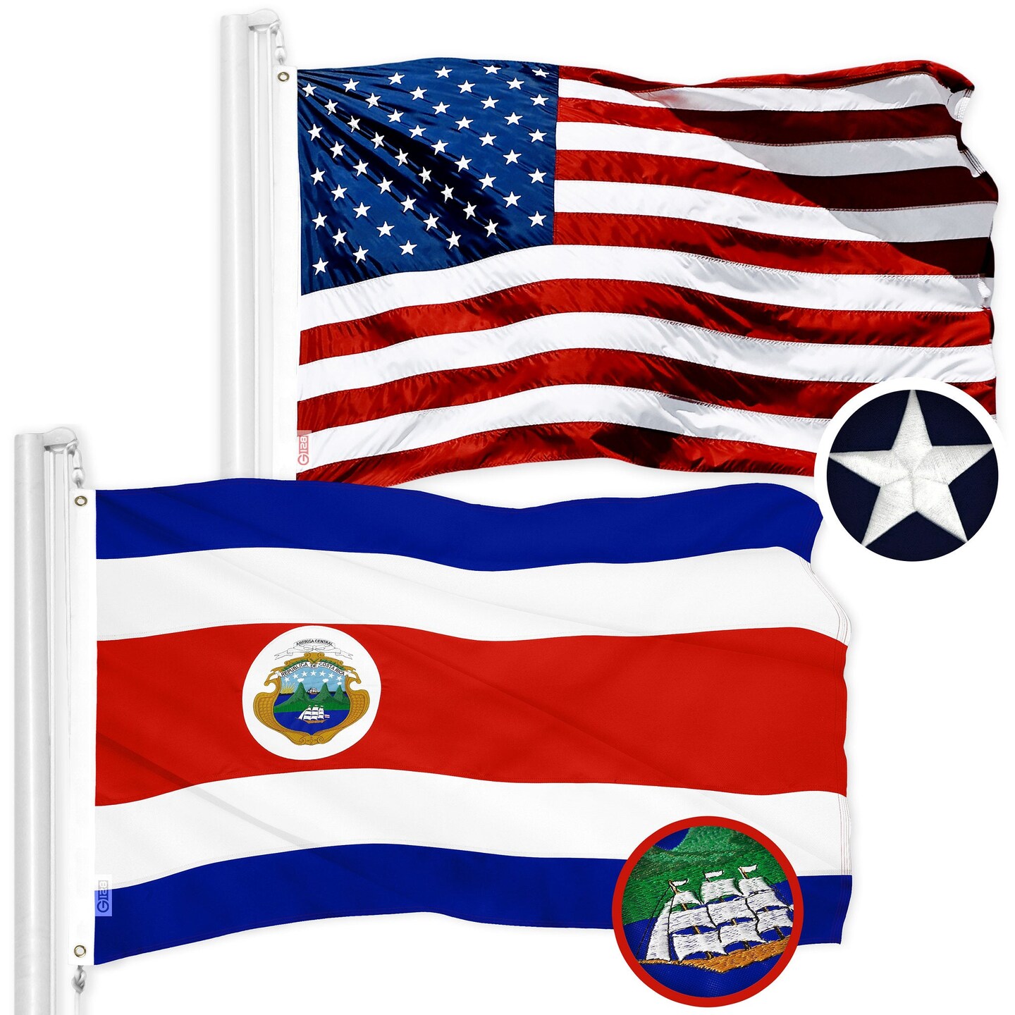 G128 Combo Pack: American USA Flag 3x5 Ft &#x26; Costa Rica Costa Rican Flag 3x5 Ft | Both ToughWeave Series Embroidered 300D Polyester, Embroidered Design, Indoor/Outdoor, Brass Grommets
