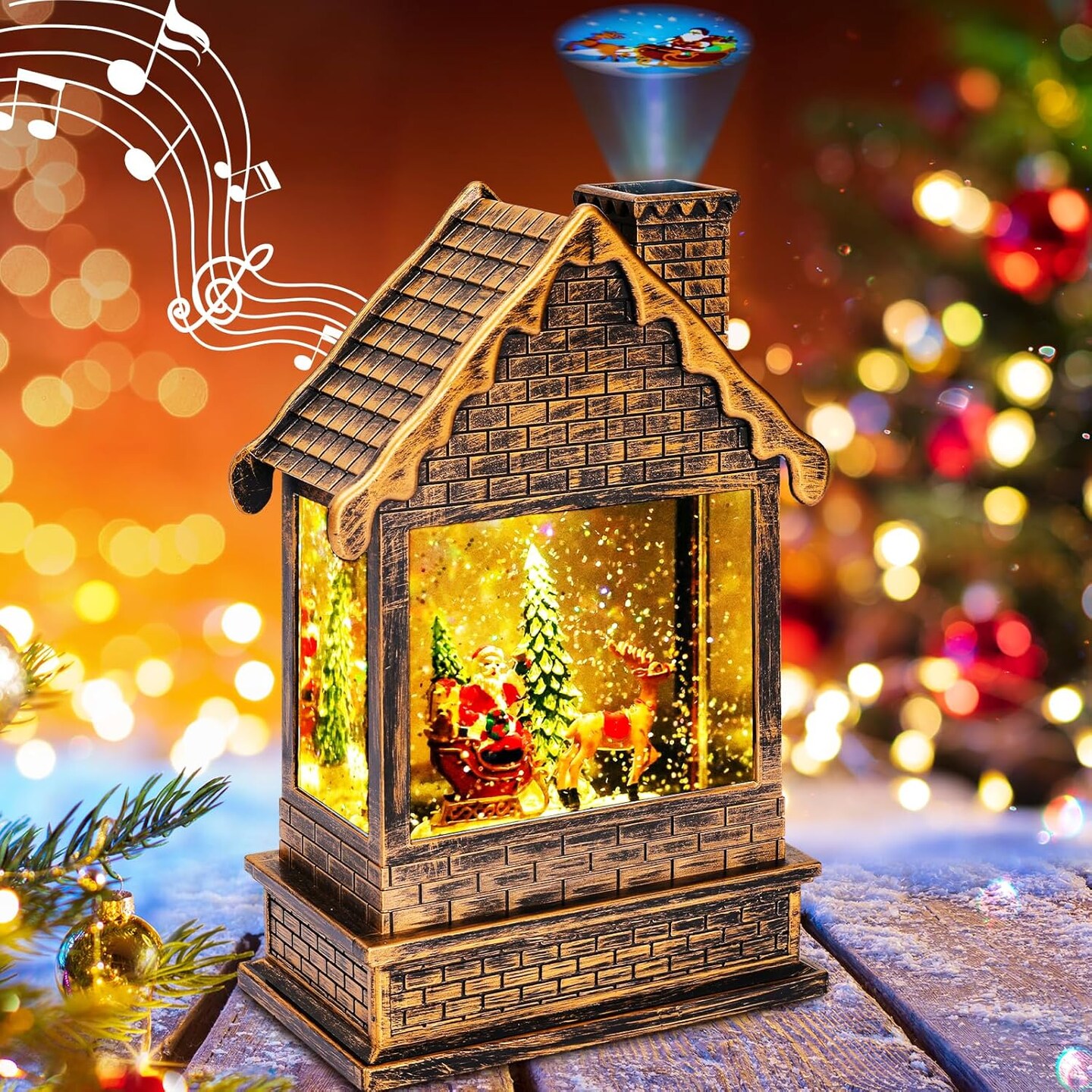 Lighted Christmas Snow Globes Musical Lantern with Timer, Train Water Lanterns Snowing Glittering Battery Operated, Christmas Santa Claus Musical Lighted Christmas Home D&#xE9;cor (House Lantern)