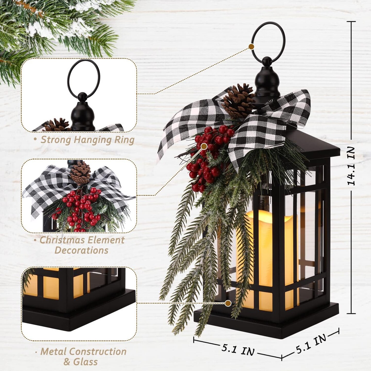 Christmas Decorations Christmas Lantern, Christmas Decorative Candle Lantern, 14 Inch Outdoor Candle Lantern Indoor Home Table Fireplace Farmhouse Decorations, Holiday Xmas Gifts