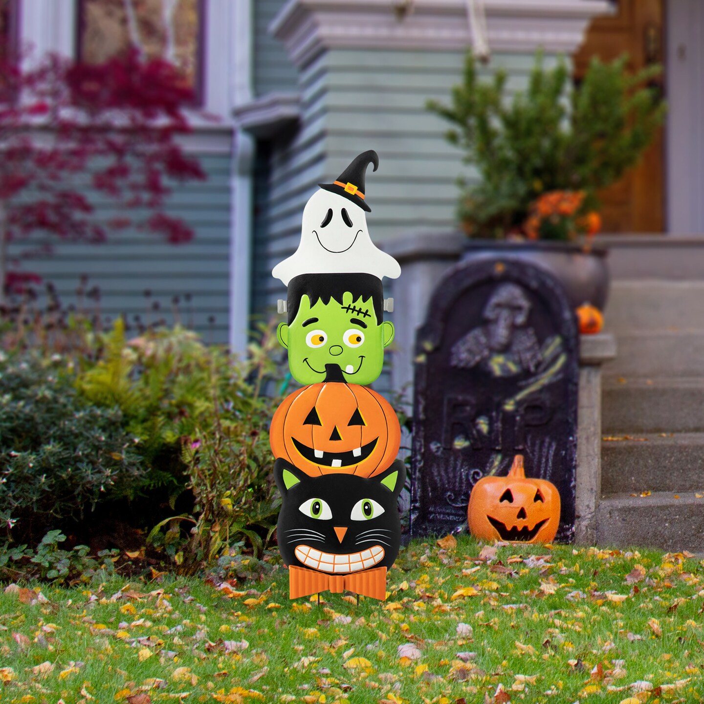 42.5&#x22;H Halloween Metal Stacked Ghost, Frankenstein, Black Cat &#x26; Pumpkin Yard Stake or Hanging Decor (KD, Two function)