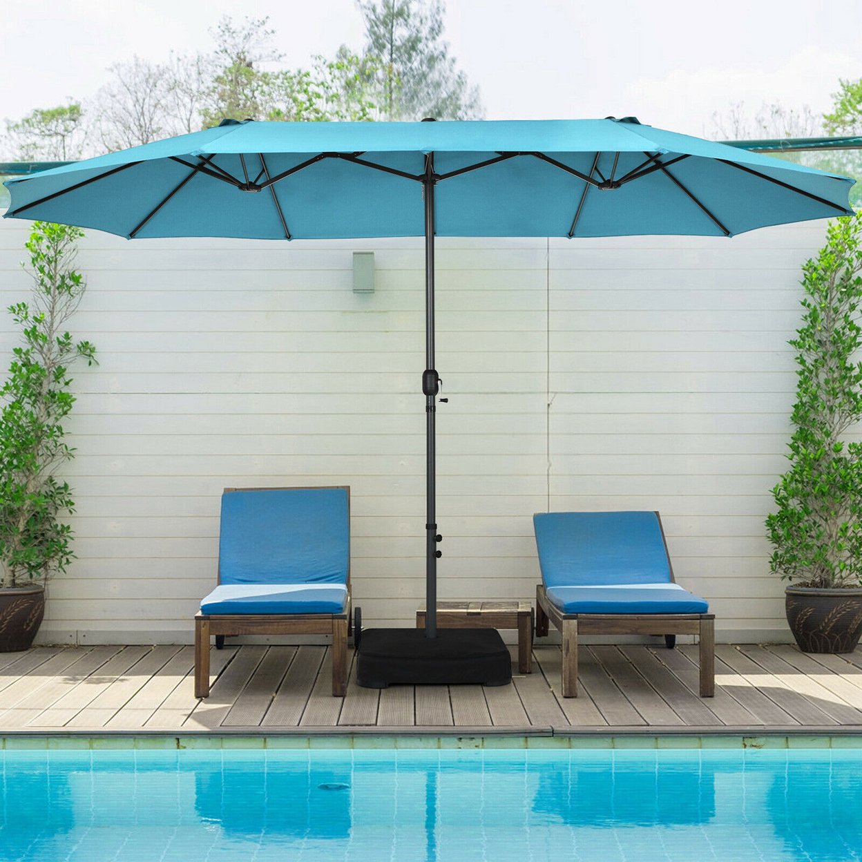 15 Ft Double-Sided Patio Umbrella Market Twin Umbrella W/ Enhanced Base