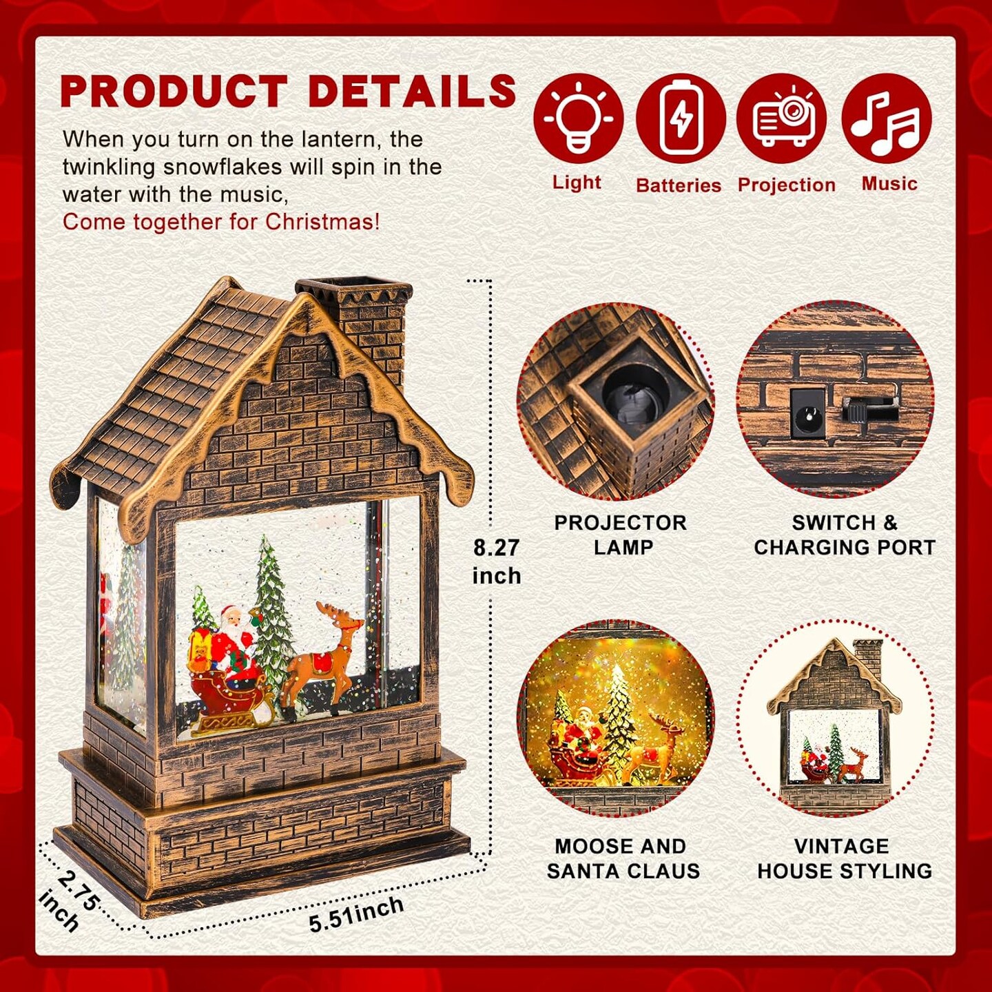 Lighted Christmas Snow Globes Musical Lantern with Timer, Train Water Lanterns Snowing Glittering Battery Operated, Christmas Santa Claus Musical Lighted Christmas Home D&#xE9;cor (House Lantern)