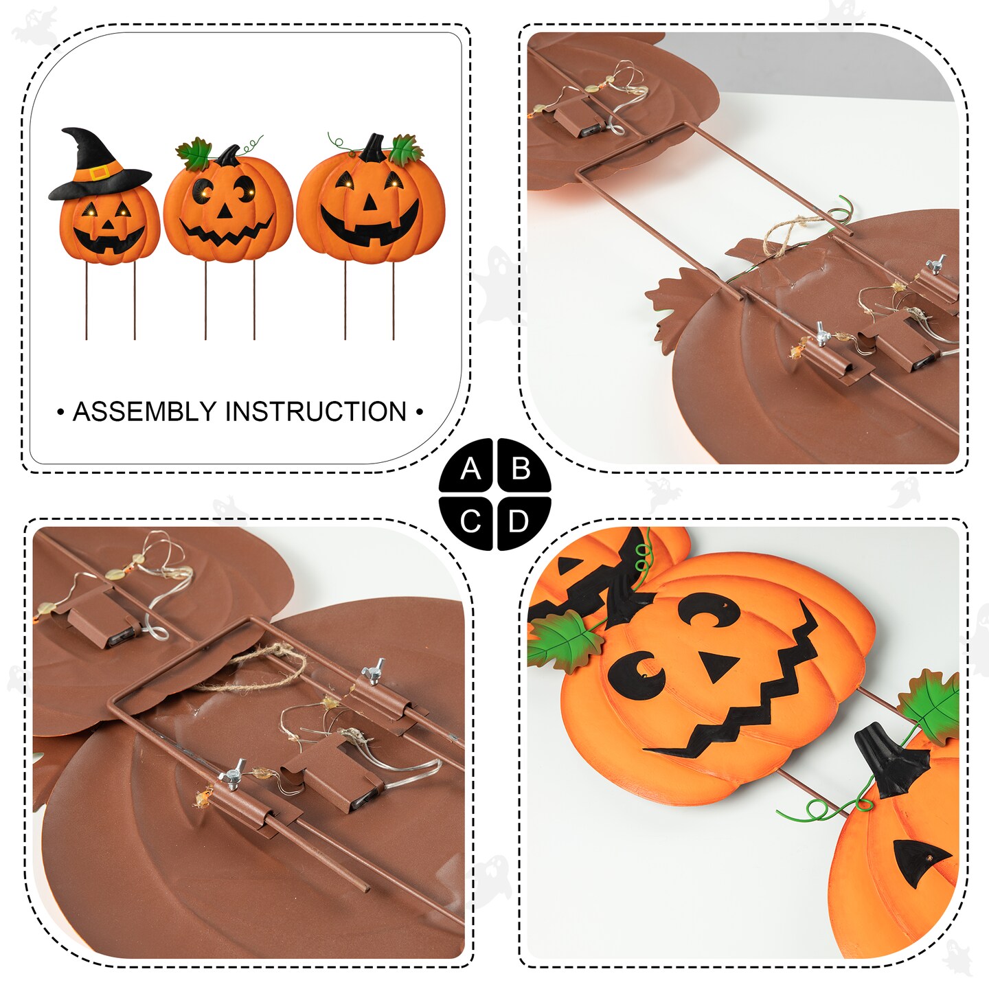 39.75&#x22;H Set of 3 Halloween Lighted Metal Stacked Jack-O-Lantern Yard Stake or Hanging Decor with Timer (KD, Two function)