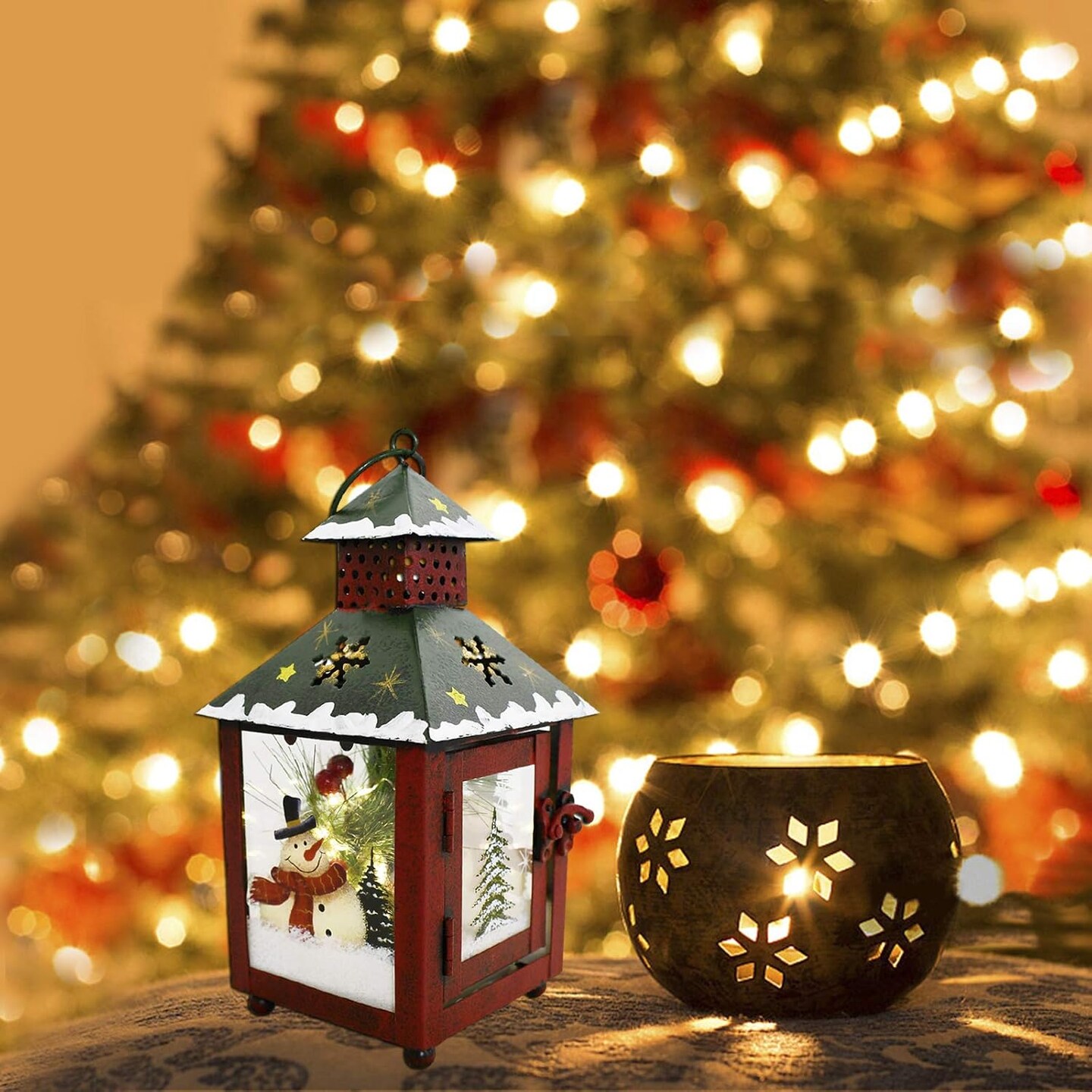Christmas Lantern Outdoor with LED Lights Metal Christmas Lanterns Table Top Decoration Metal Hanging Lantern Hanging Christmas Lantern Yard Decor Seasonal Xmas Lantern Decor with Snowman