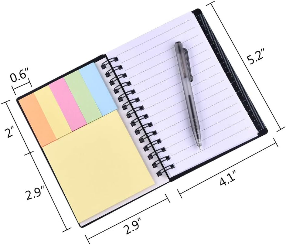 4 Pieces Spiral Notebook Steno Pocket Notepad with Pen in Holder and Sticky Notes, Page Marker Index Tabs Flags Making Plans Writing Memos Office School Supplies (Black)