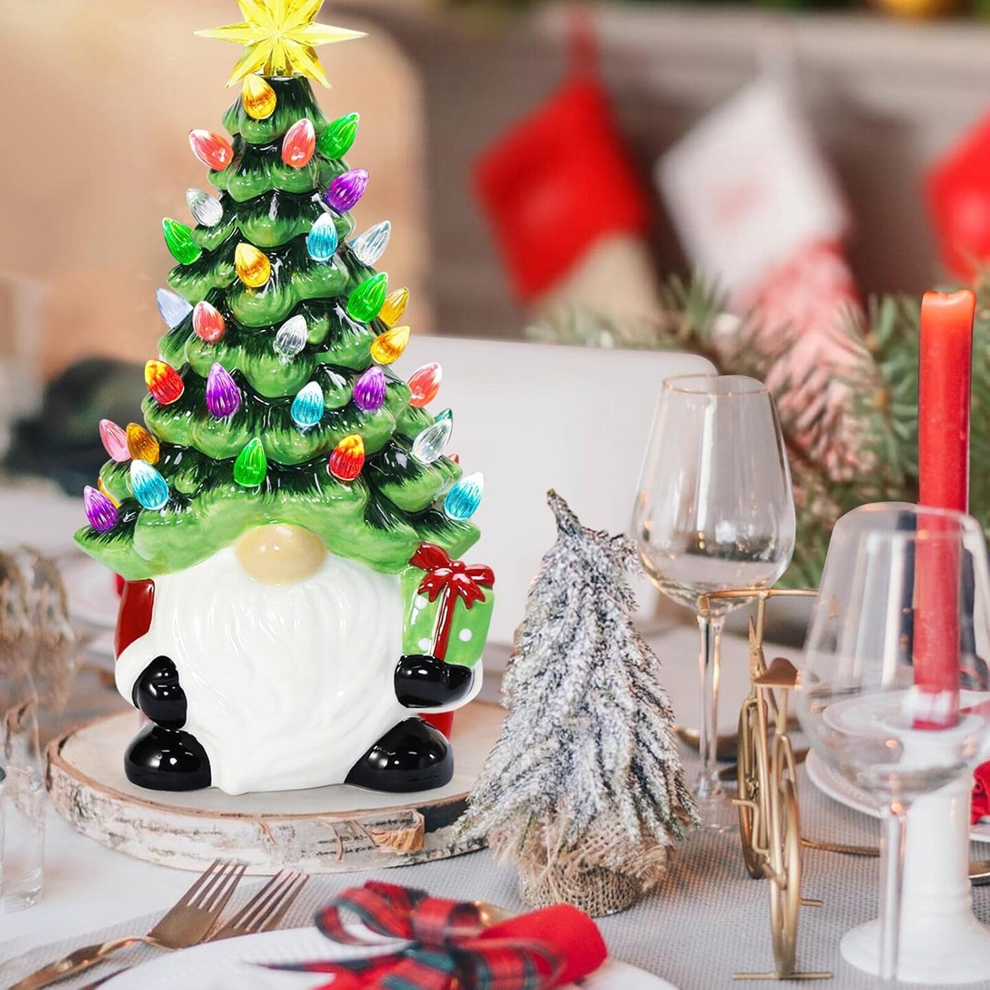 Christmas Decorations - 12&#x201D; Lighted Up Gnomes Ceramic Christmas Tree with 46 Multicolored Lights - Small Mini Prelit Xmas Holiday Decor for Tabletop Home Room Table Fireplace Office