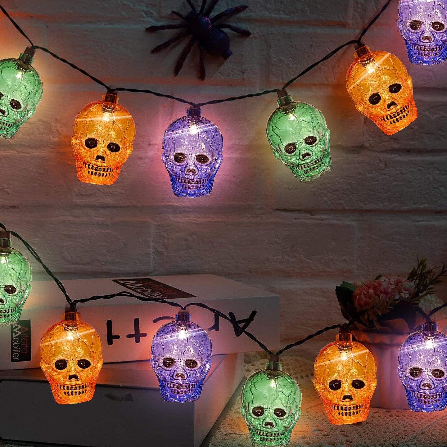 Halloween Skull String Lights 8.5Ft Outdoor Halloween Decorations Lights with 10 LED Orange/Purple/Green Skeleton Light  Plug in Halloween Skeleton Lights for Indoor Halloween Party Window Patio Decor