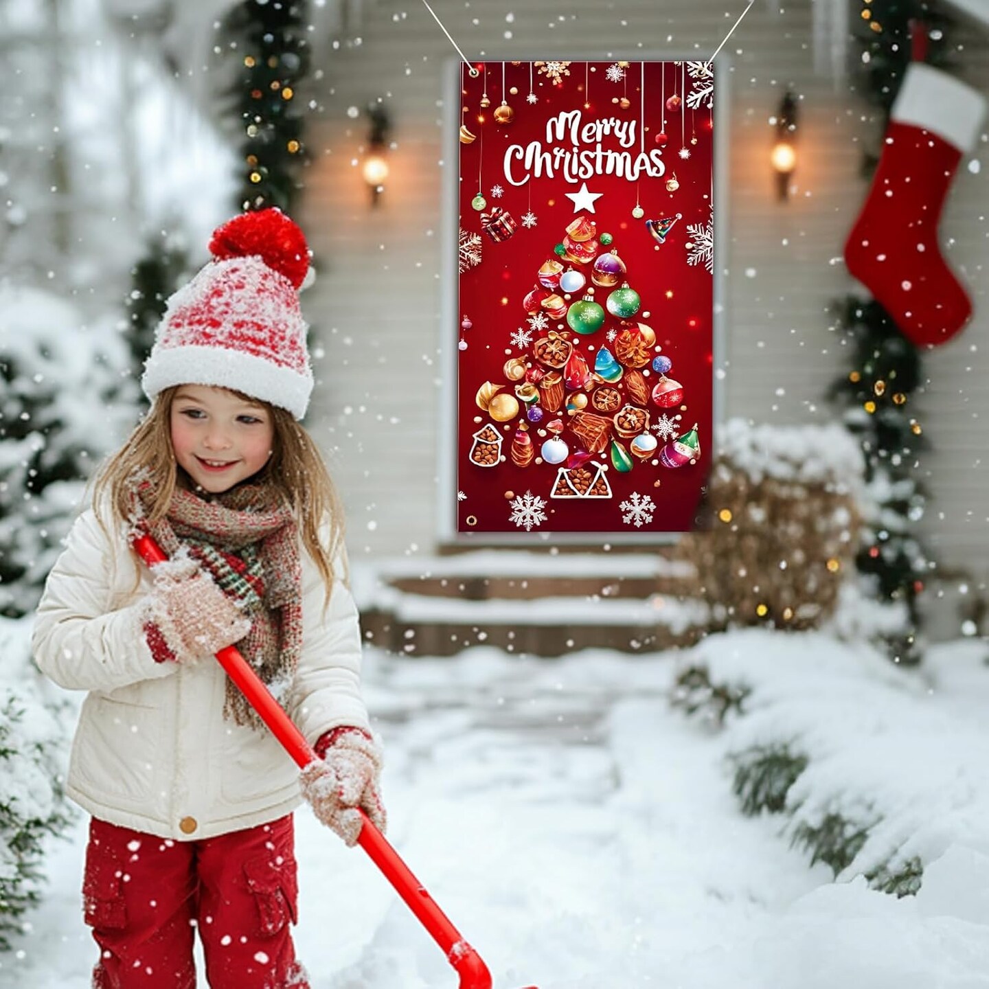 3Pcs Christmas Tree Door Cover and Christmas Door Banners Set, Santa Claus Merry Christmas Door Decorations