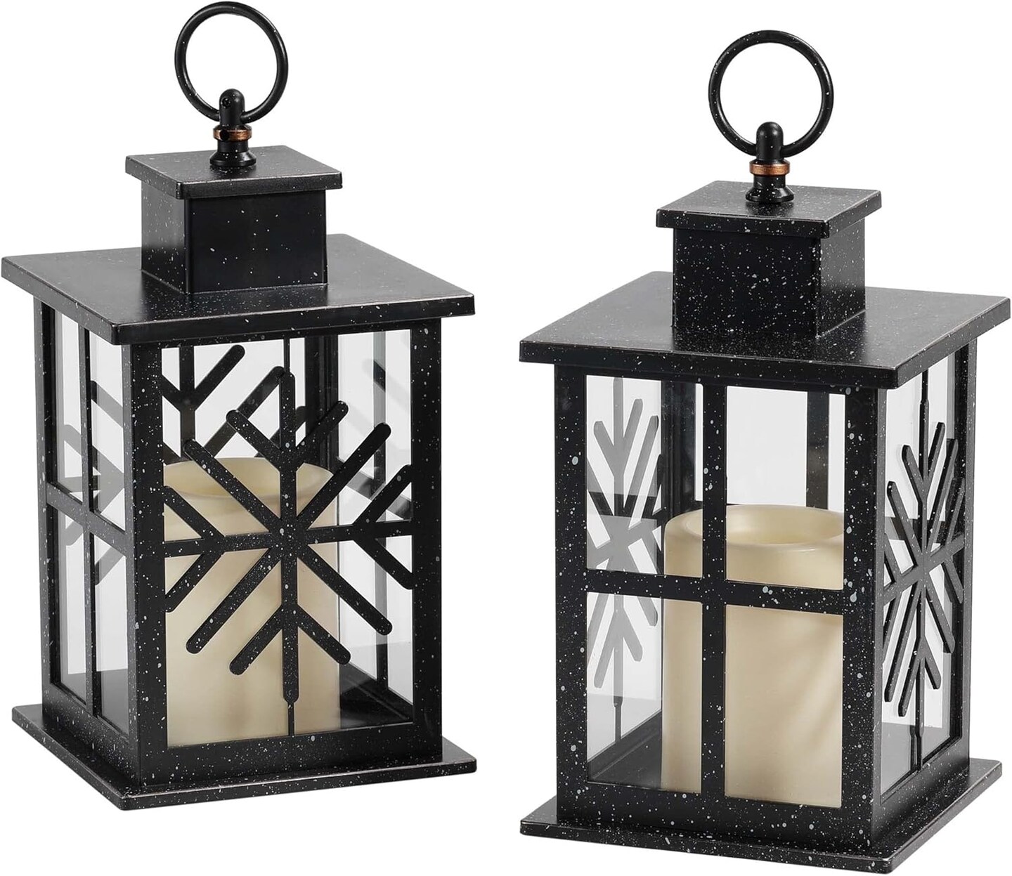 11 High ABS and Glass Decorative Hanging Lanterns, Set of 2 - Black Lanterns with LED Flickering Candles, 6-Hour Timer, Battery Powered, Snowflake Pattern for Christmas - Ideal for Indoor Tab