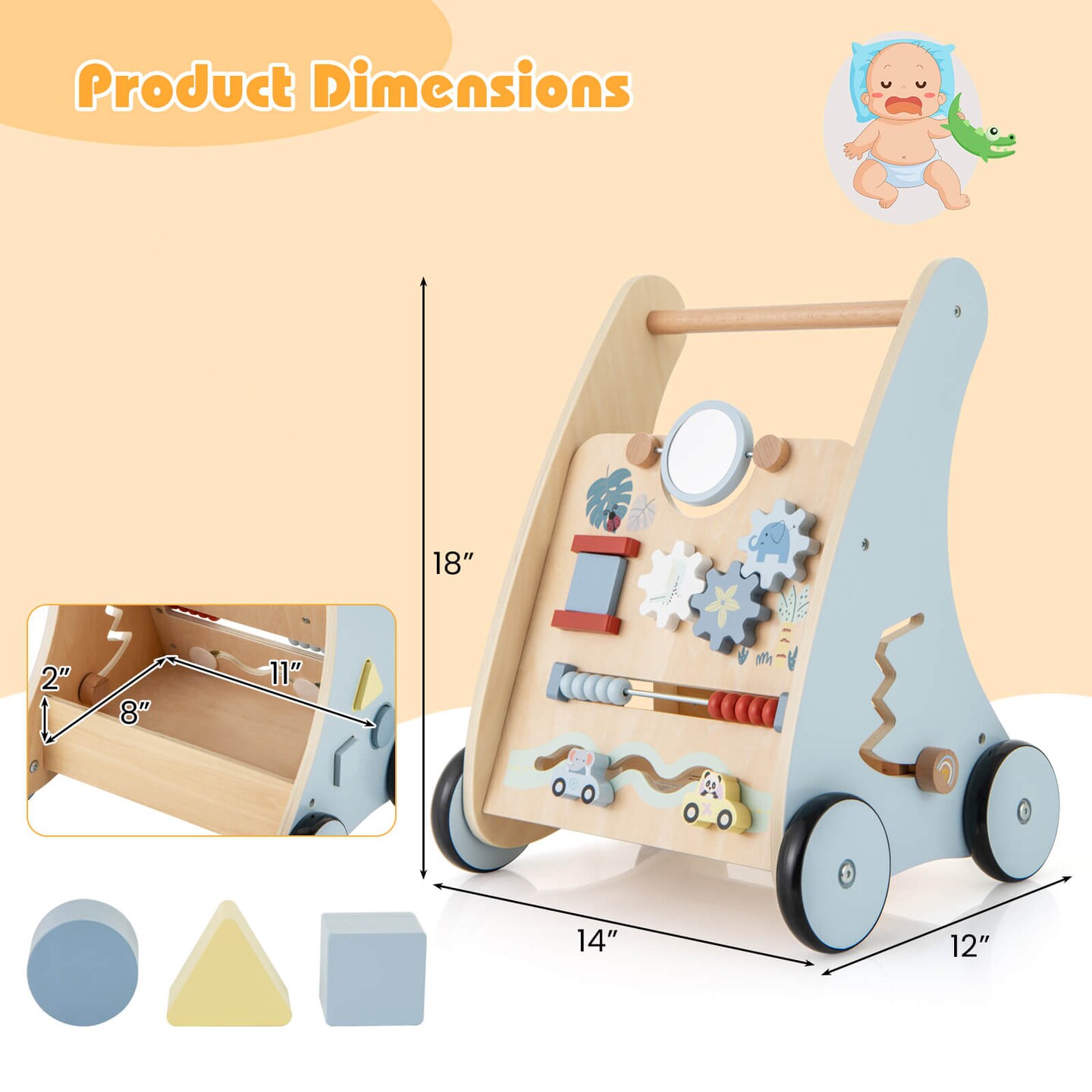 Costway Wooden Baby Walker Push &#x26; Pull Walker with Multi-Activity Learning Center