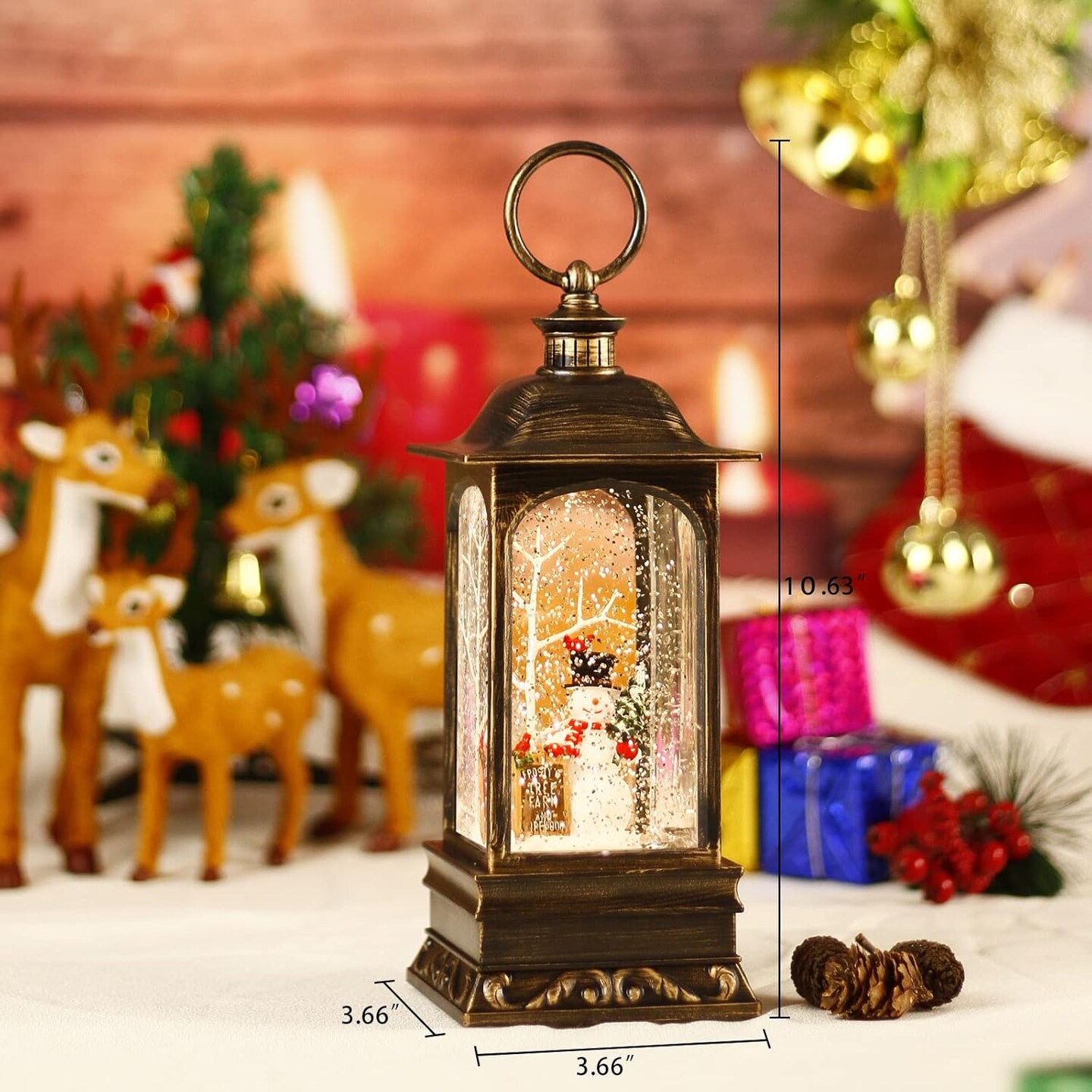 Christmas Decorations Musical Snow Globe Lantern, Glittering Lighted Plug-in, 3 AA Battery Operated &#x26; USB Powered, Cardinal Bird and Snowman