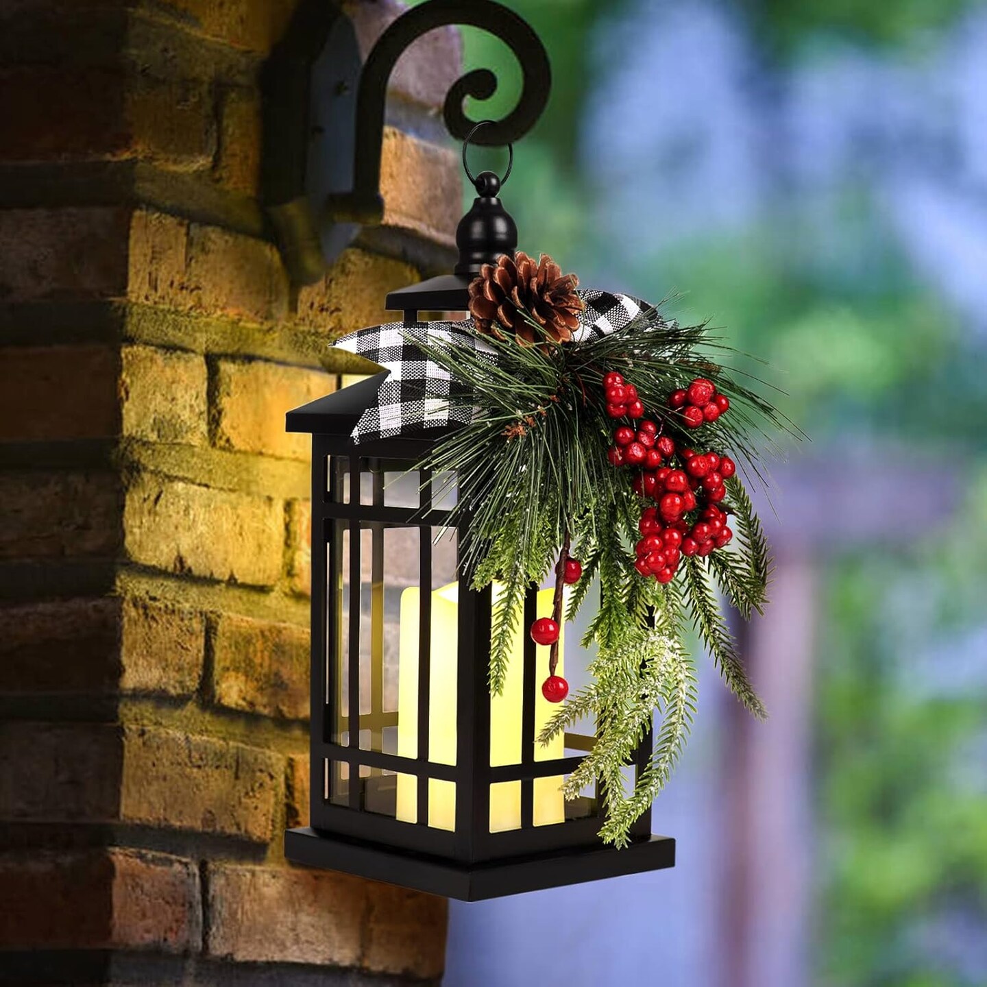 Metal Christmas Vintage Candle Lanterns with Led Light,Plaid Ribbon Decorative Hanging Lantern for Indoor Outdoor Decorations Party Gift,WOKEISE