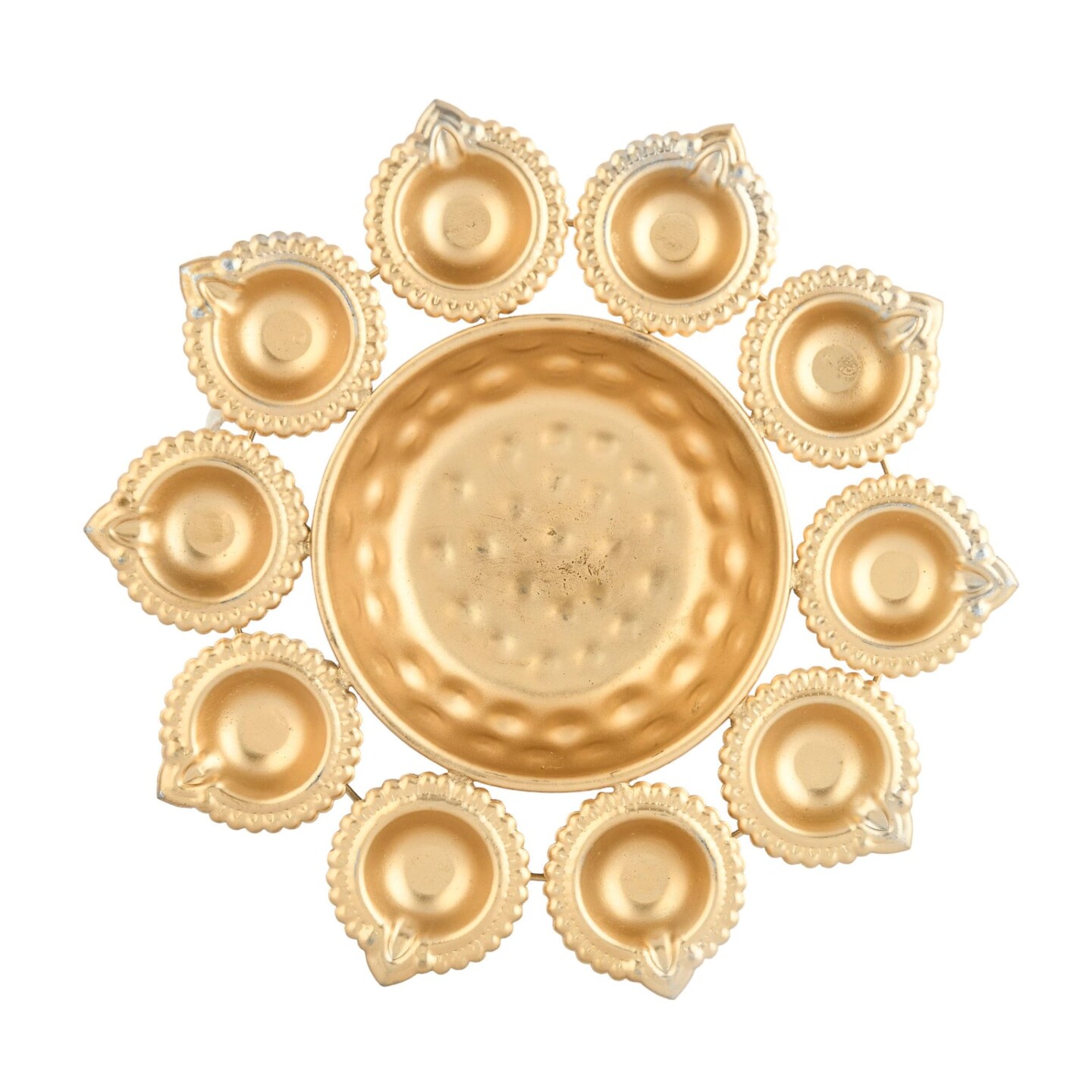 Urli Bowl Brass Finished Diya Shape Flower Decorative Urli Bowl for Floating Flowers Tea Light Candles Home Office Table Decor Diwali Decoration Indian Showpiece Items (10 Diyas)