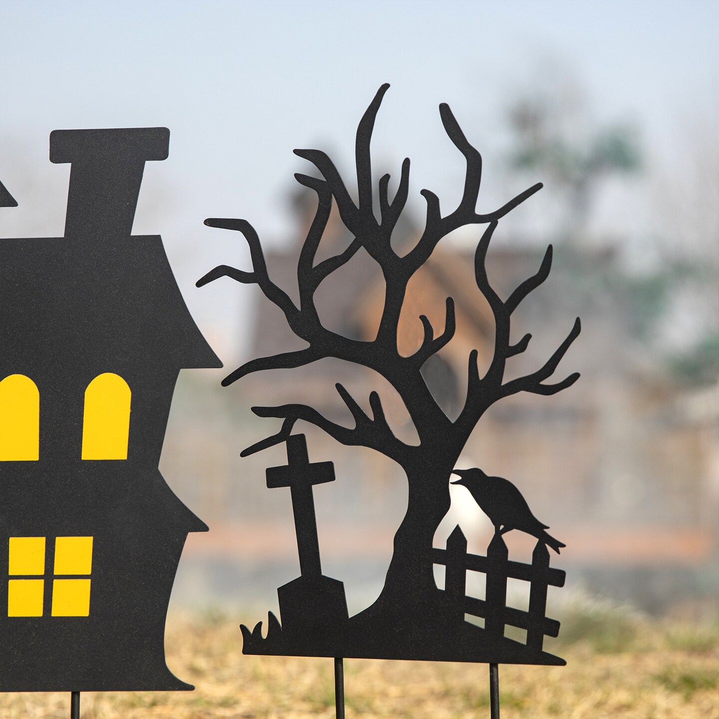 24&#x22;H Set of 3 Halloween Metal Silhouette Haunted House and Ghost Tree Yard Stake or Hanging Decor (KD, Two function)