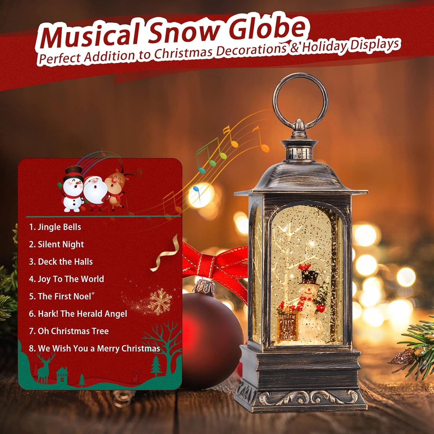 Christmas Decorations Musical Snow Globe Lantern, Glittering Lighted Plug-in, 3 AA Battery Operated &#x26; USB Powered, Cardinal Bird and Snowman