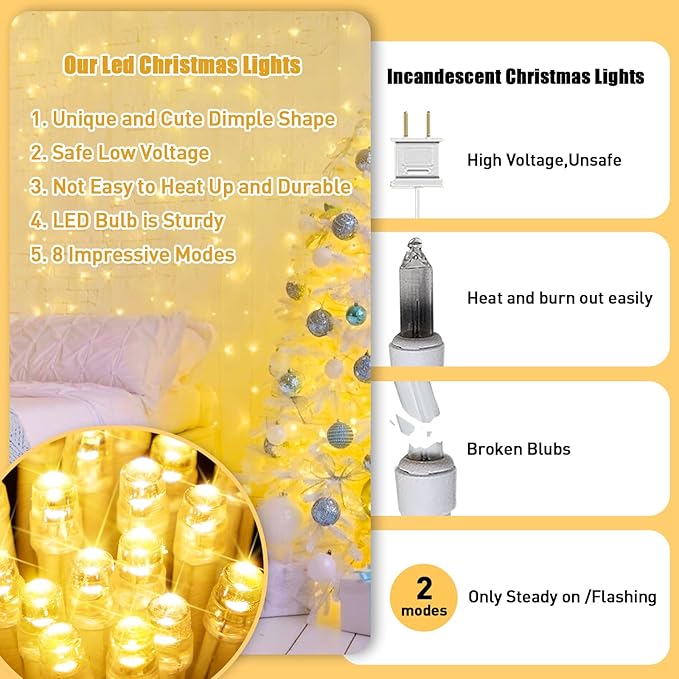 Warm White Indoor String Lights for Bedroom, Christmas String Lights 8 Modes Twinkle Fairy Lights Plug in, 33ft 100 LED Christmas Lights Outdoor Waterproof