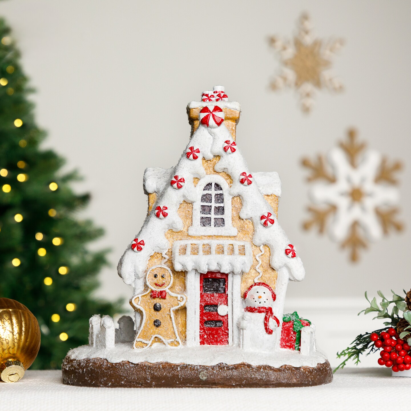 Northlight Snowy Gingerbread Peppermint House with Snowman Christmas Decoration - 11"