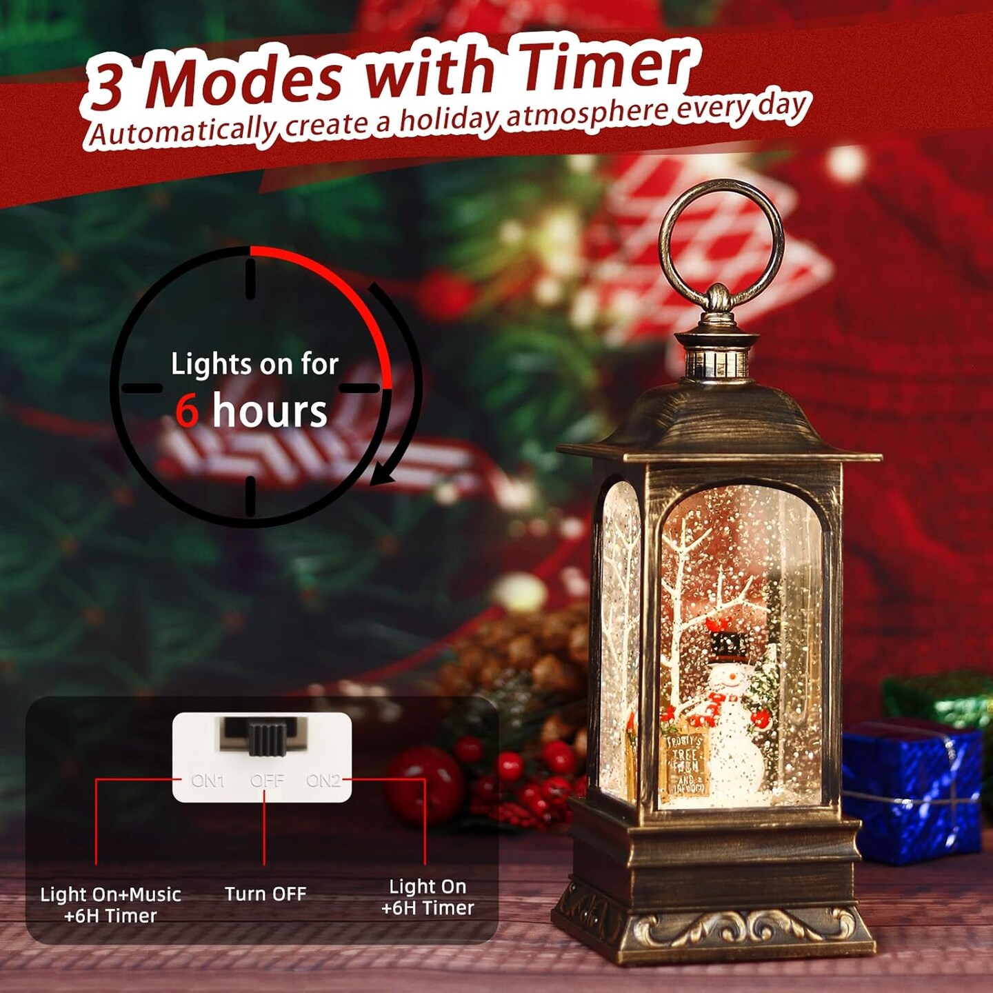 Christmas Decorations Musical Snow Globe Lantern, Glittering Lighted Plug-in, 3 AA Battery Operated &#x26; USB Powered, Cardinal Bird and Snowman