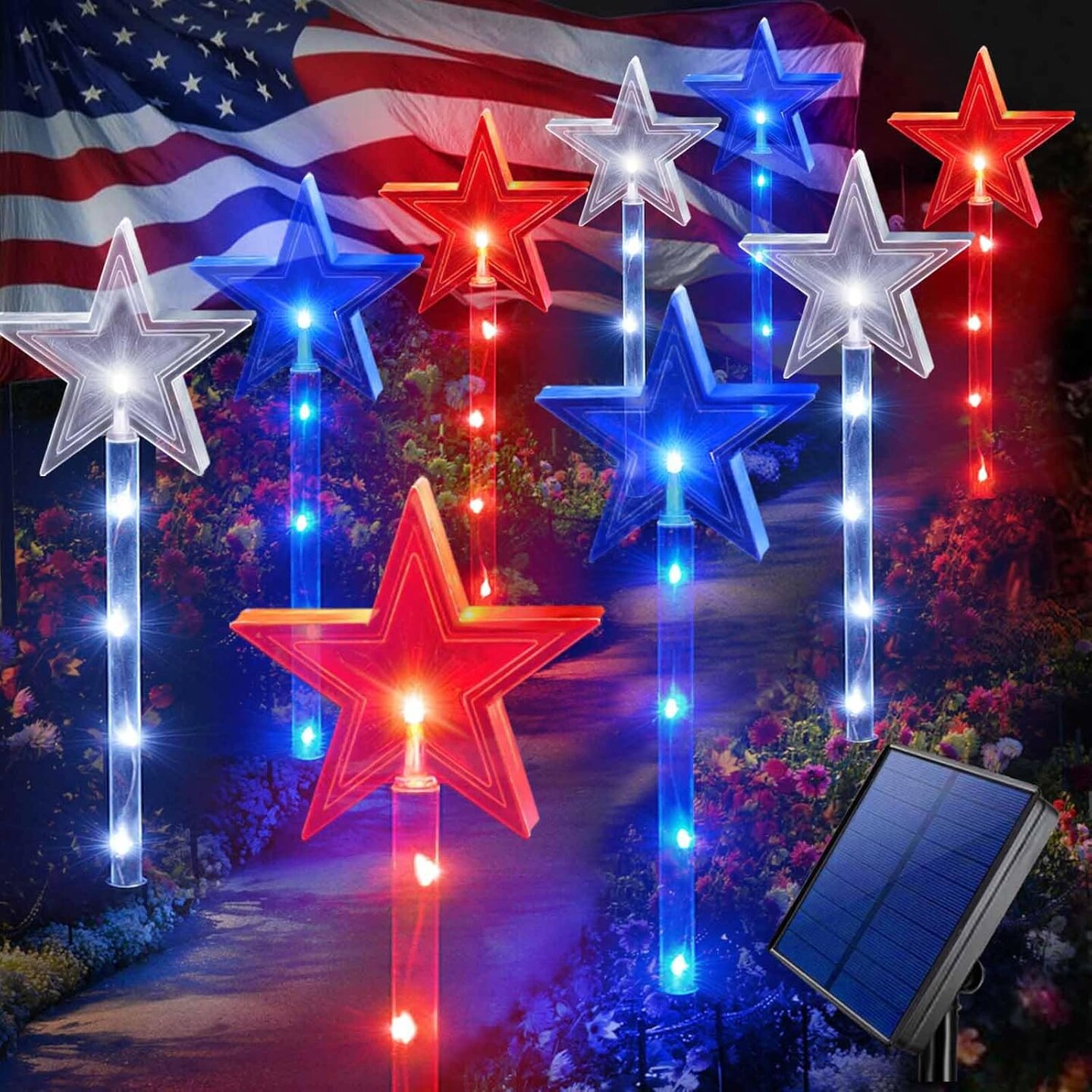 Upgraded Set of 9 Solar Pathway Lights for 4th of July Decorations, Outdoor Waterproof Red White and Blue Star Lights for Outside Porch Yard Grave Cemetery Independence Day Memorial Day Decor