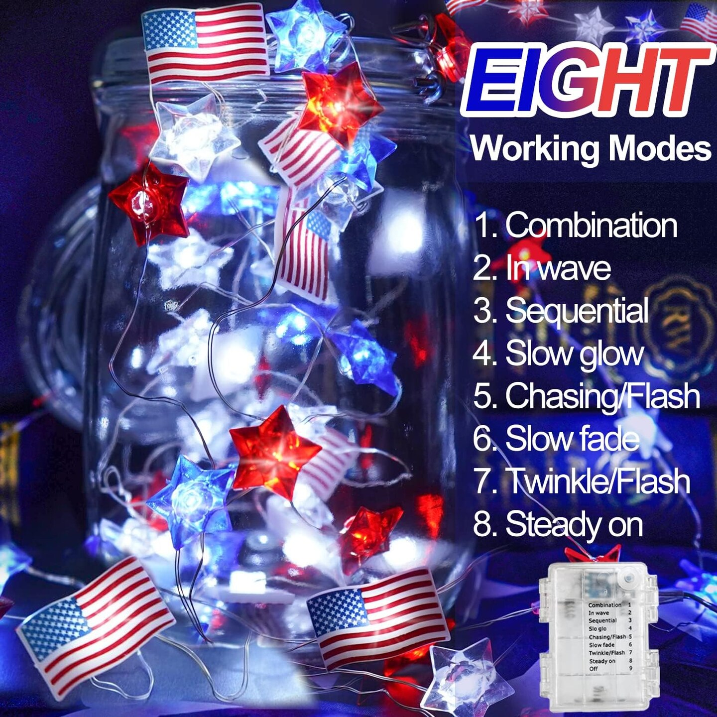 [ 8 Modes &#x26; Timer ] 2 Pack Red White and Blue Lights, 26 FT 80 LEDs 4th of July Star &#x26; Flags Lights Remote Battery Operated for Patriotic Memorial Day Independence Fourth of July Decorations