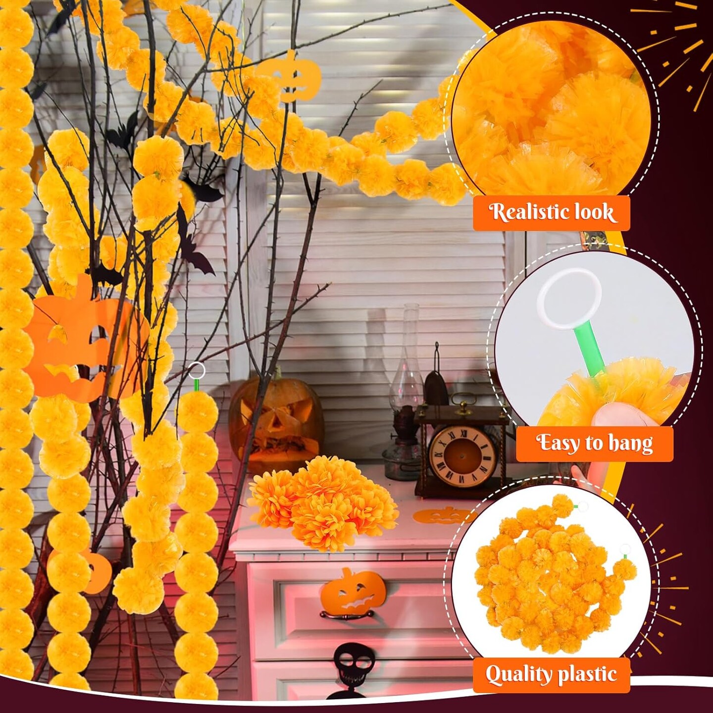 Artificial Faux Silk Orange Marigold Flower Heads Bulk (Orange)