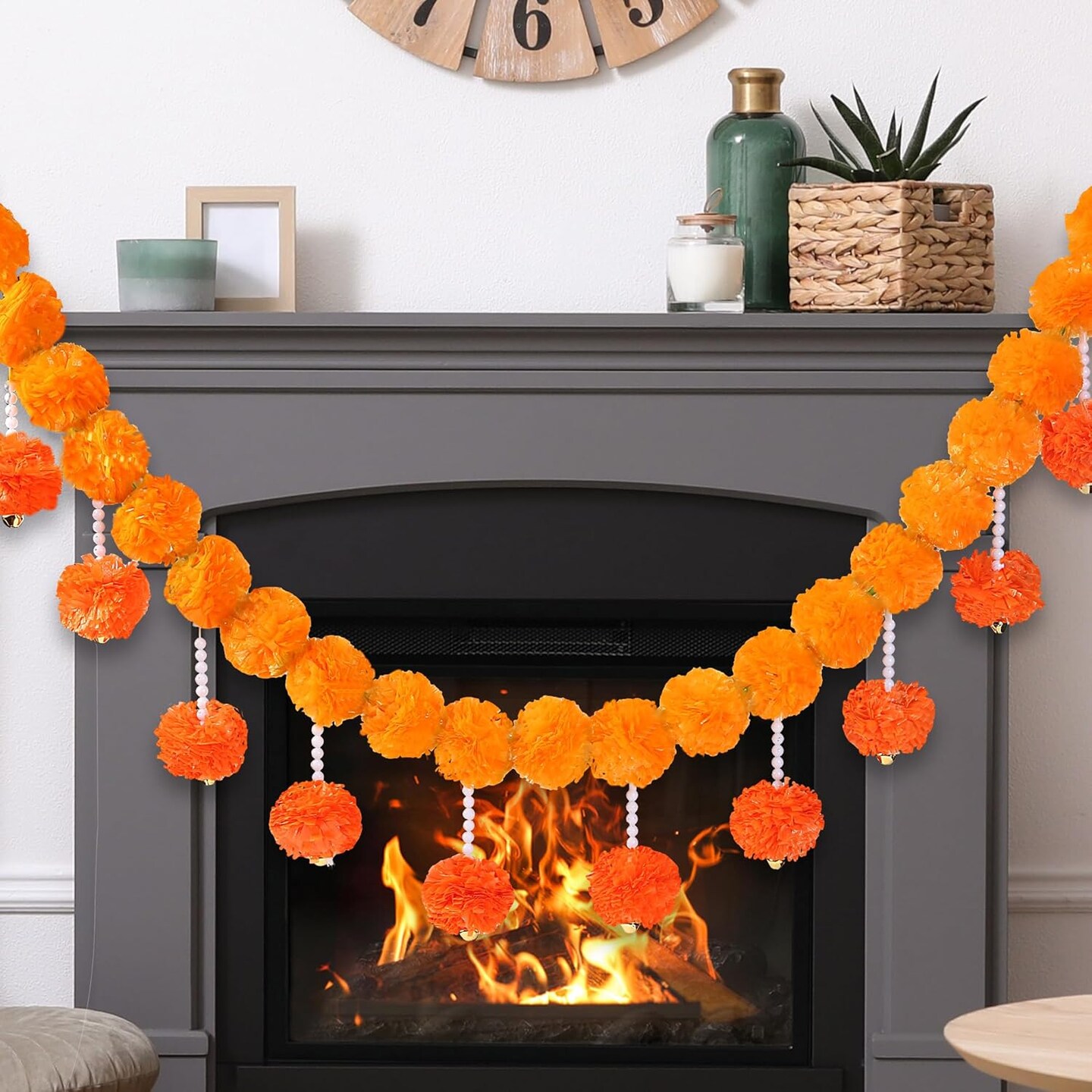 Marigold Garland Diwali Decor Artificial Flowers (Light Orange &#x26; Dark Orange)