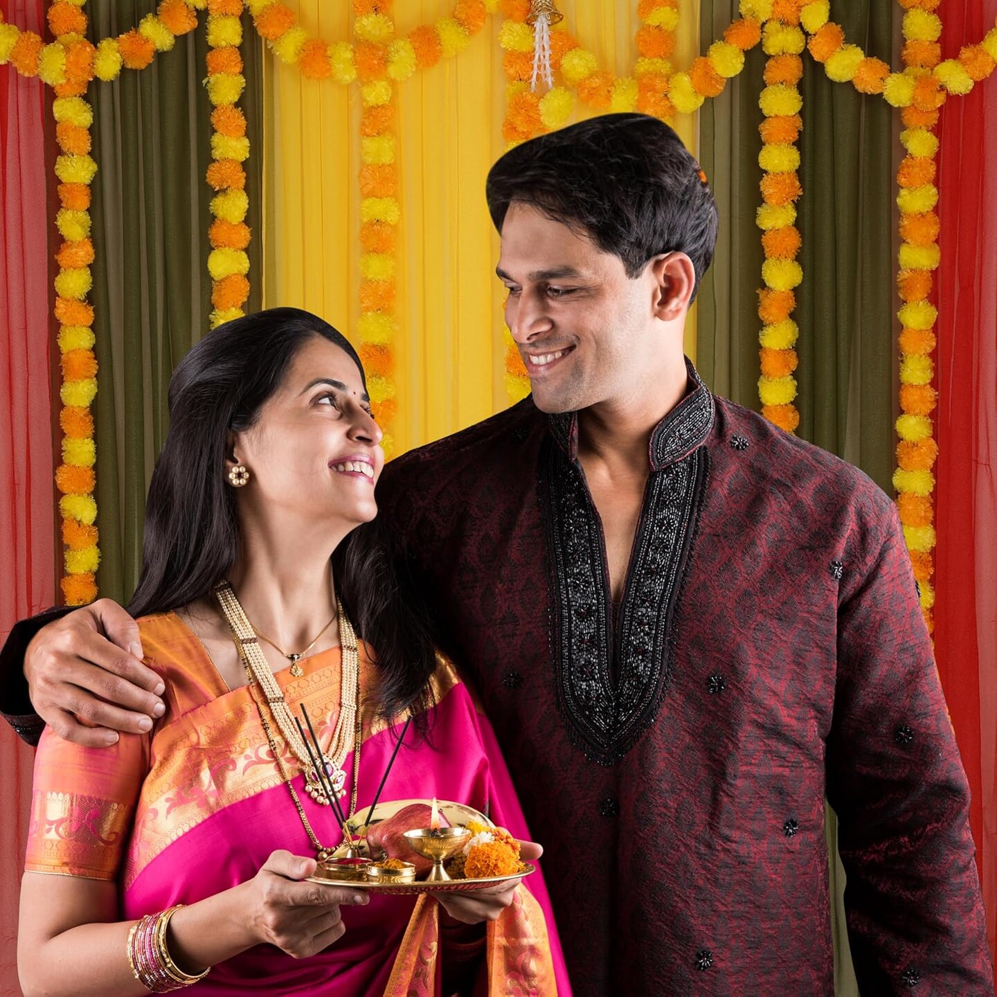 Artificial Marigold Flower Strands Garland for Diwali Decor (Yellow/Mango)