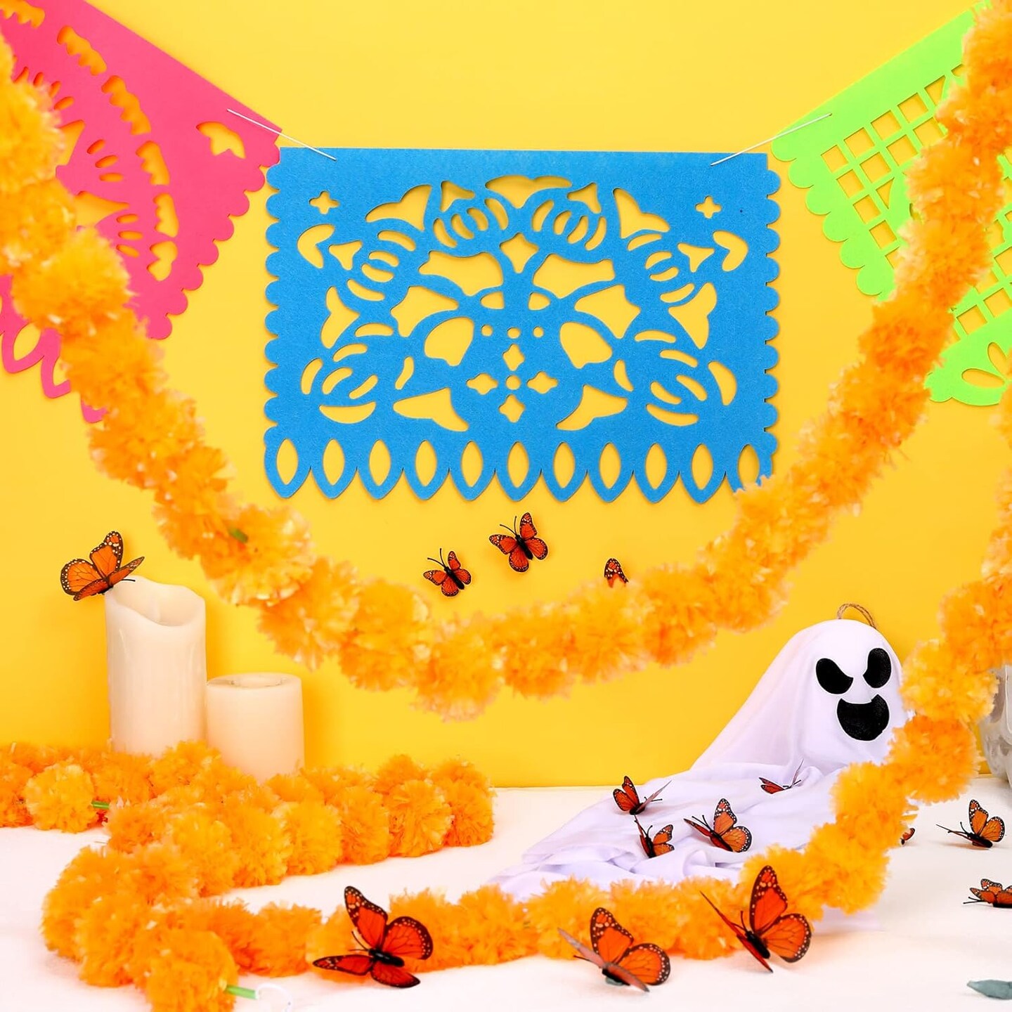 Day of The Dead Decor with 24 Pcs Monarch Butterfly 3 Artificial Marigold Flowers (Orange, Red, Green, Blue)